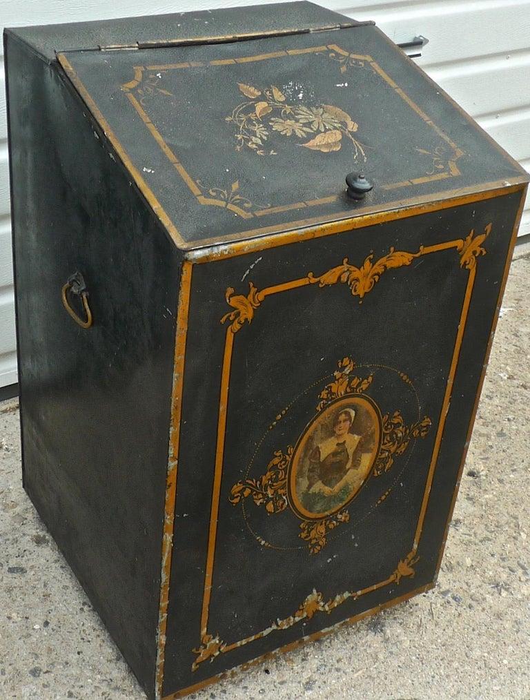 French 1920s metal storage bin with decorative hand painted portrait of a woman.