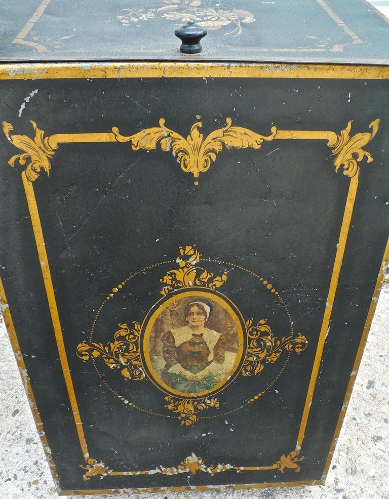 Hand-Painted French 1920s Metal Storage Bin with Decorative Hand Painted Portrait of a Woman For Sale
