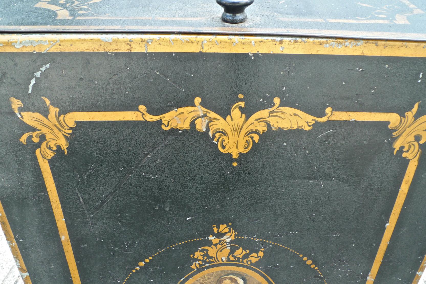 Hand-Painted French 1920s Metal Storage Bin with Decorative Hand Painted Portrait of a Woman