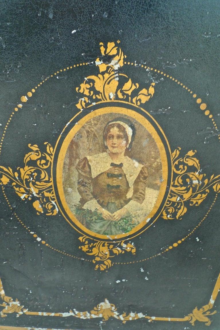 20th Century French 1920s Metal Storage Bin with Decorative Hand Painted Portrait of a Woman For Sale