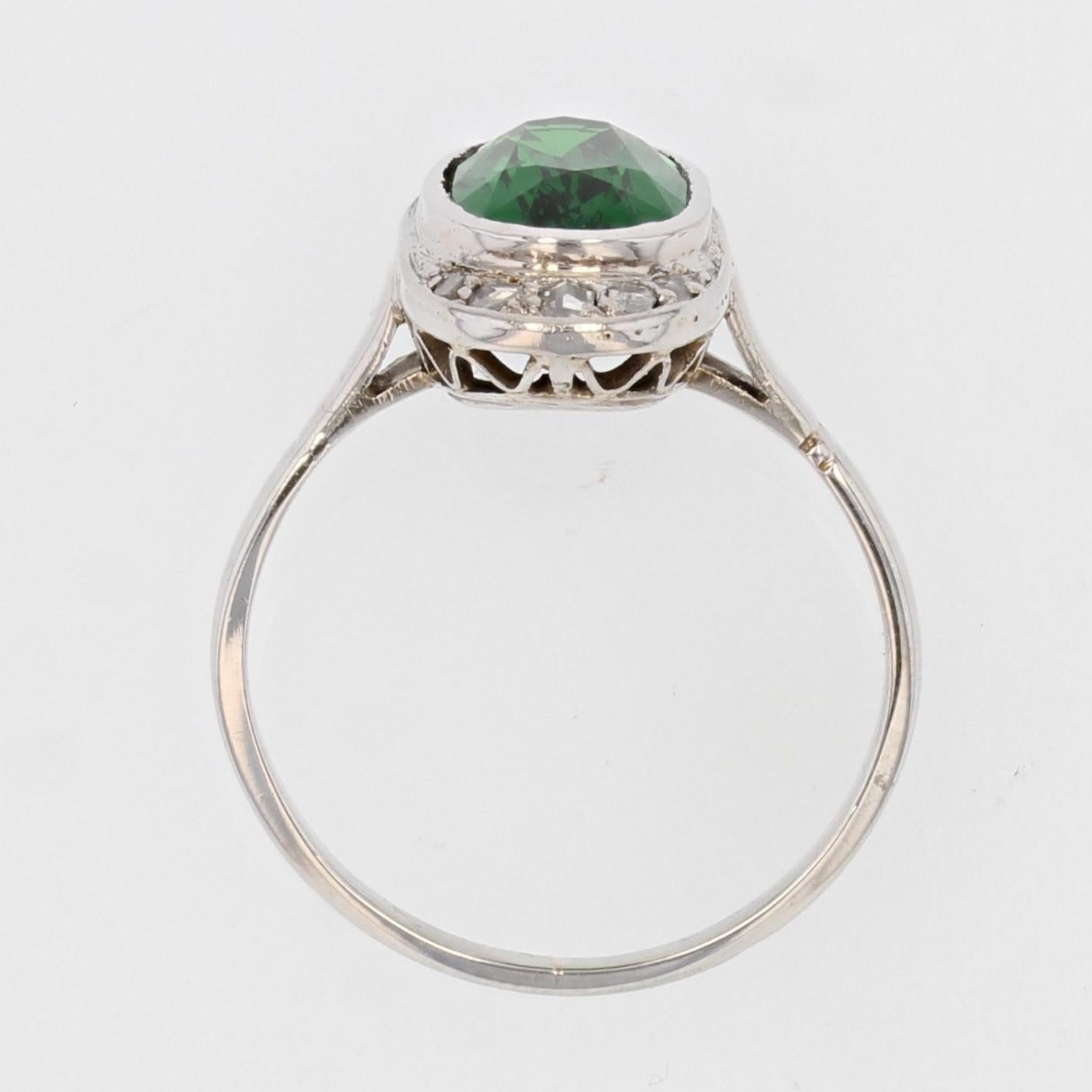 French 1920s Natural Tsavorite Garnet Rose Cut Diamonds 18 Karat White Gold Ring For Sale 7