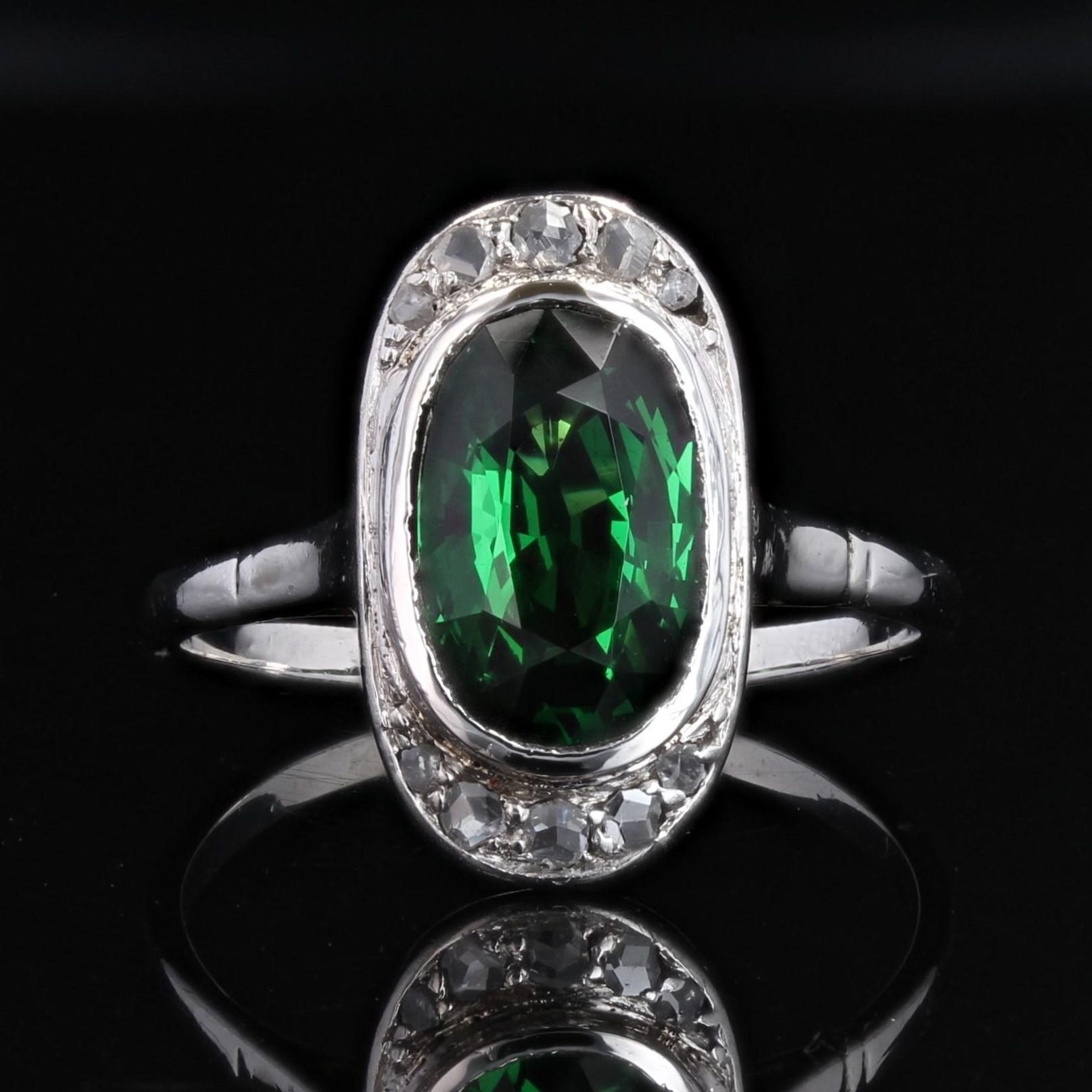 Oval Cut French 1920s Natural Tsavorite Garnet Rose Cut Diamonds 18 Karat White Gold Ring For Sale