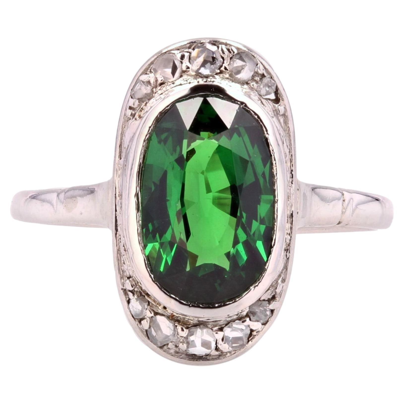 French 1920s Natural Tsavorite Garnet Rose Cut Diamonds 18 Karat White Gold Ring