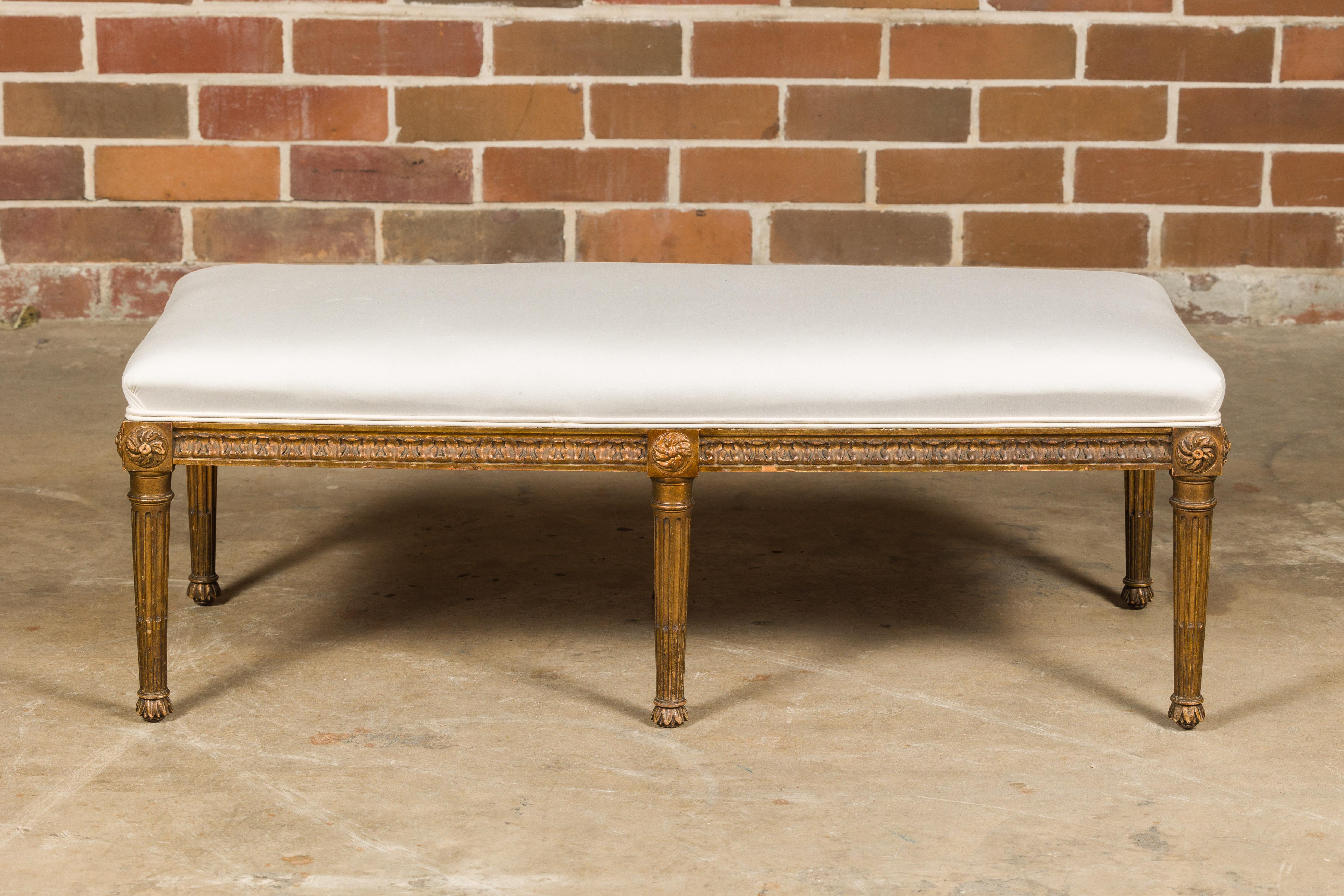 Upholstery French 1920s Neoclassical Style Gilt Wood Bench with Carved Frieze