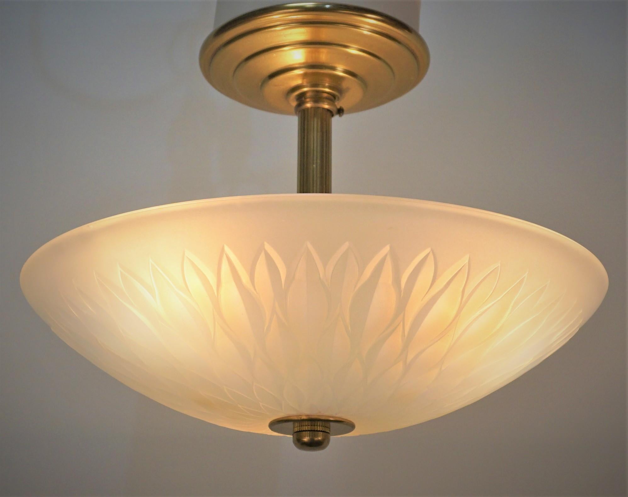Early 20th Century French 1920's Opalescent Glass Art Deco Flush Mount Chandelier. 