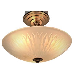 French 1920's Opalescent Glass Art Deco Flush Mount Chandelier. 