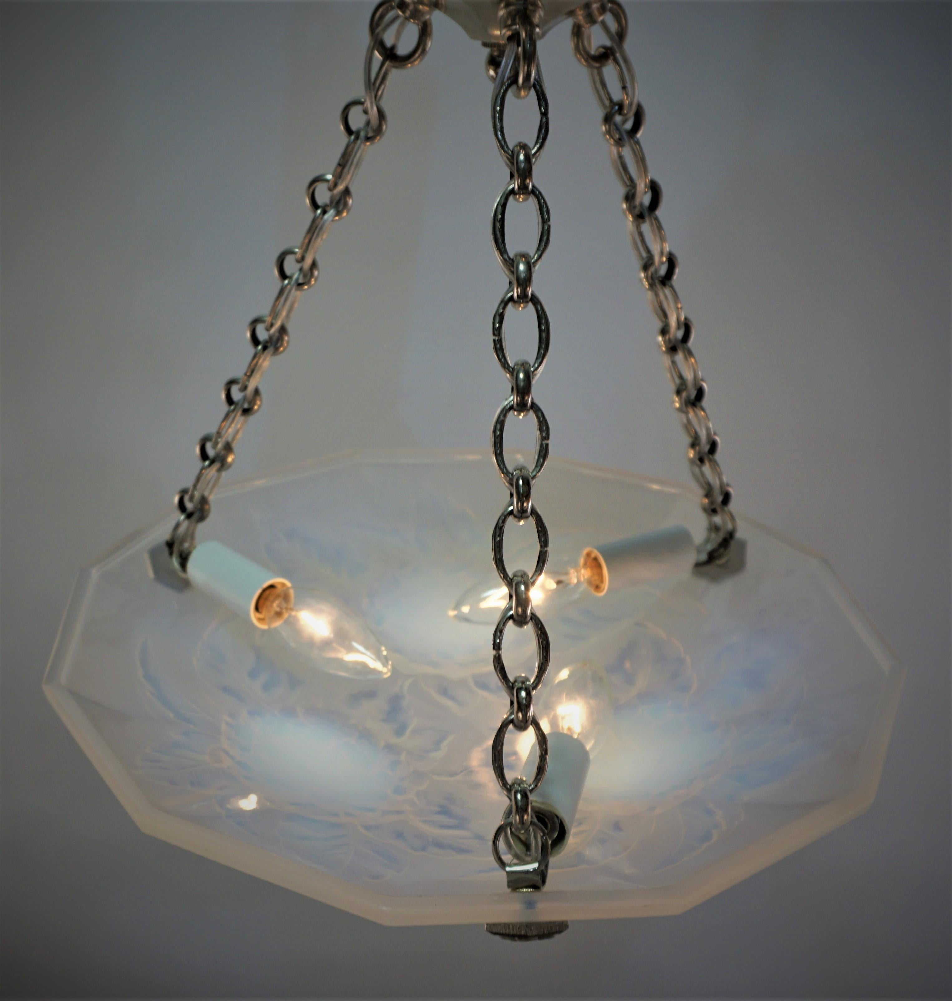 Art Deco French 1920's Opalescent Glass Chandelier by Ezan 