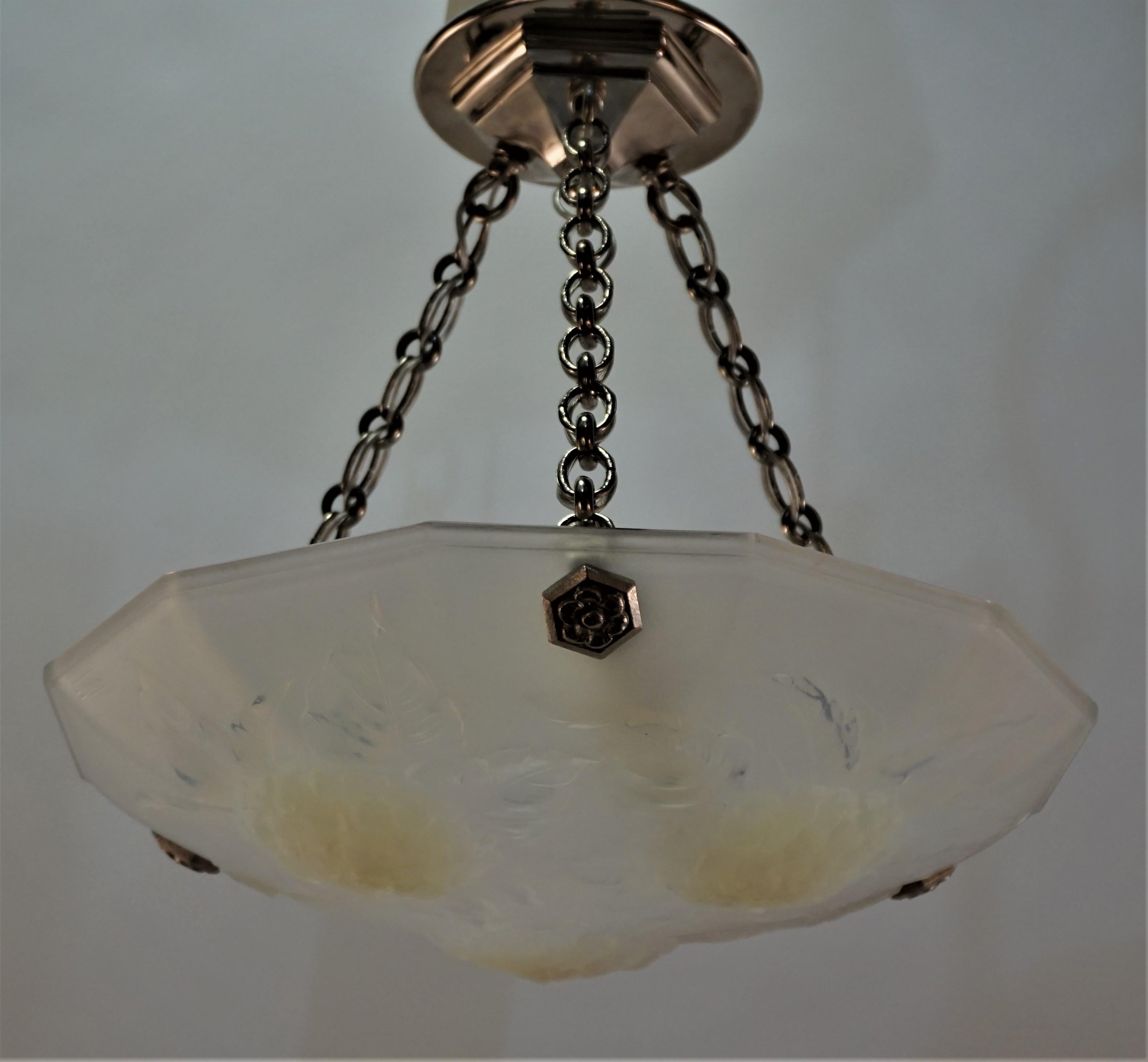 Early 20th Century French 1920's Opalescent Glass Chandelier by Ezan 