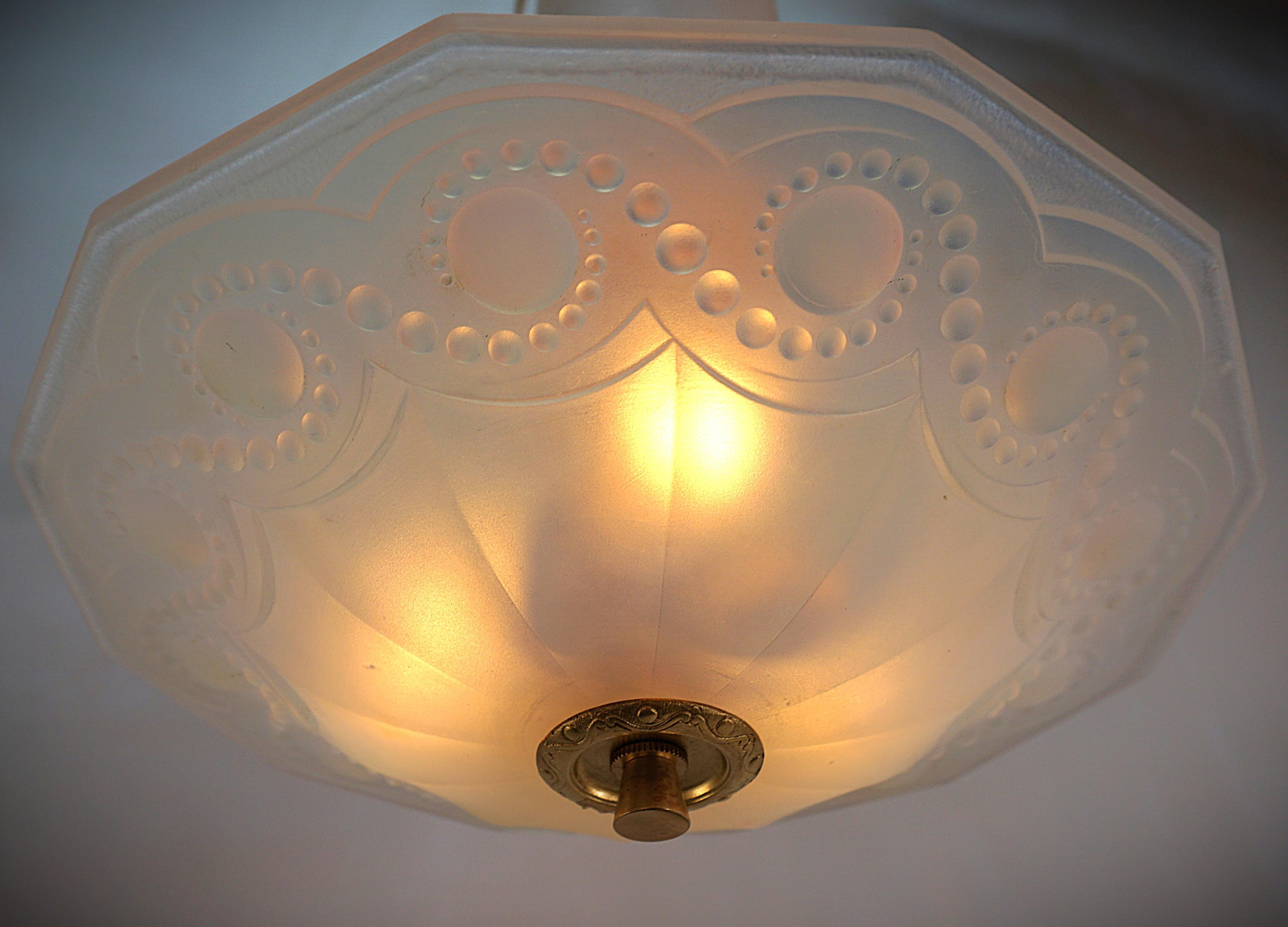 French 1920's Opalescent glass Semi Flush Mount Chandelier #11 In Good Condition In Fairfax, VA