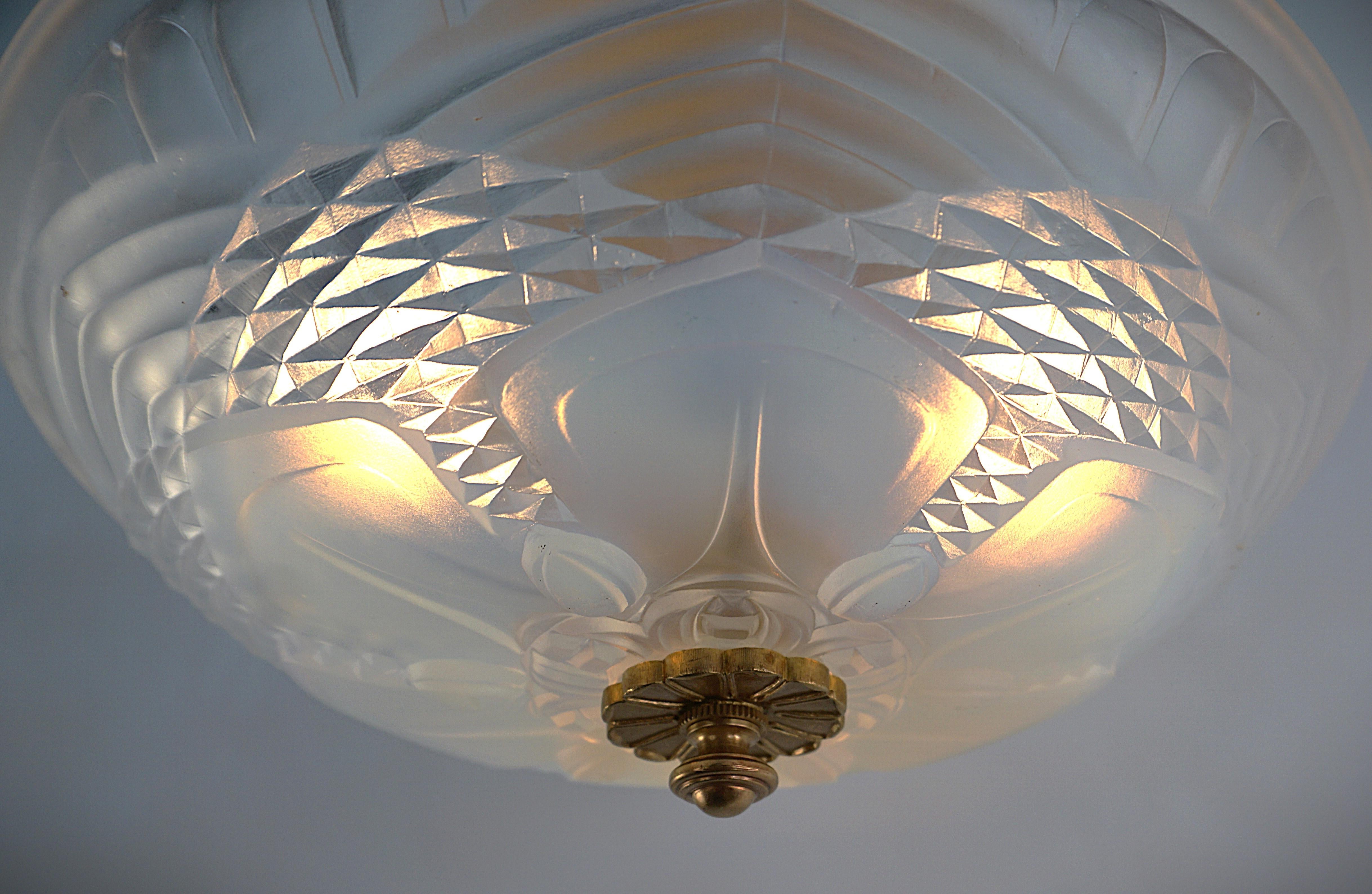 Art Deco French 1920's Opalescent Glass Semi Flush Mount Chandelier