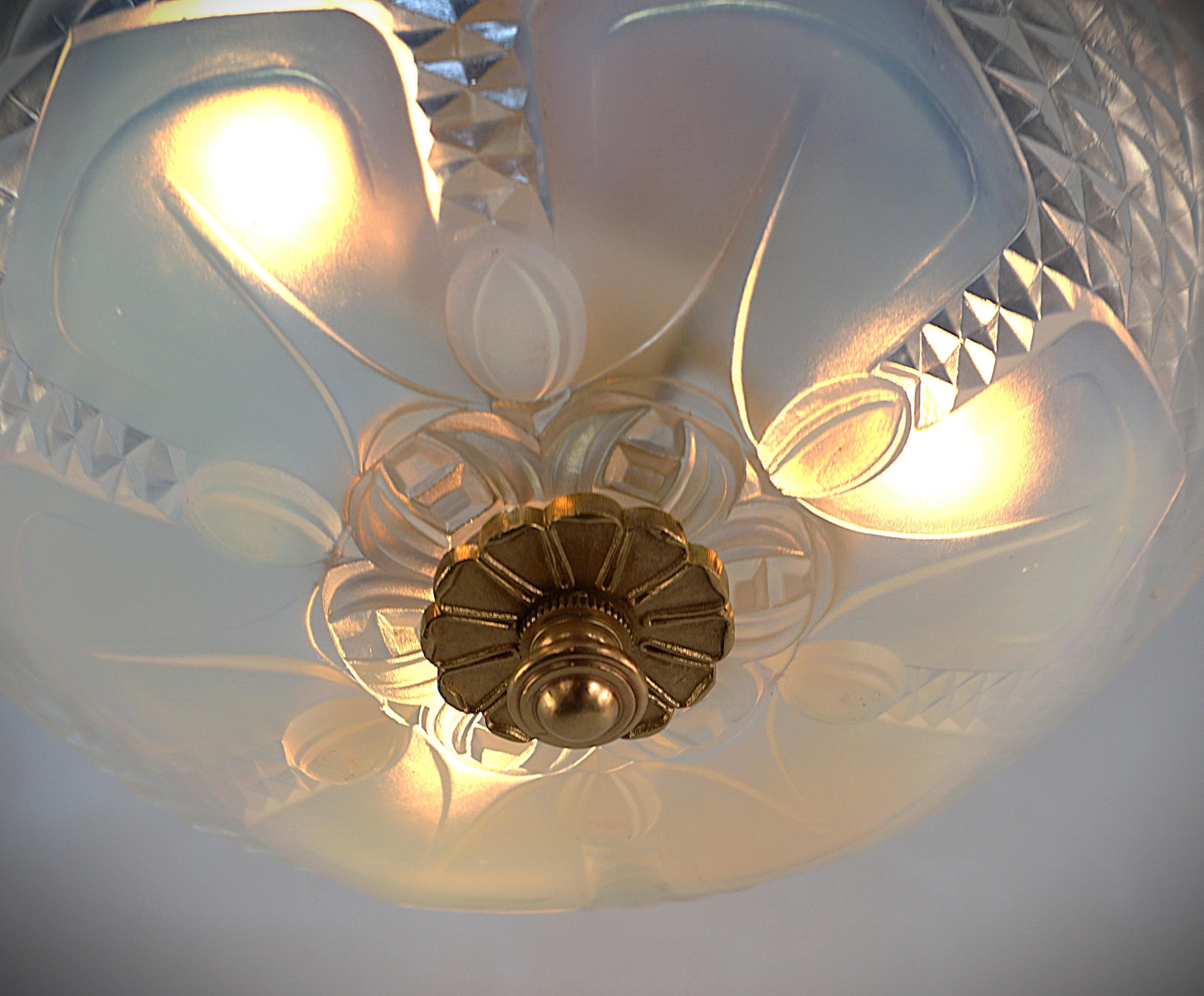 French 1920's Opalescent Glass Semi Flush Mount Chandelier In Good Condition In Fairfax, VA