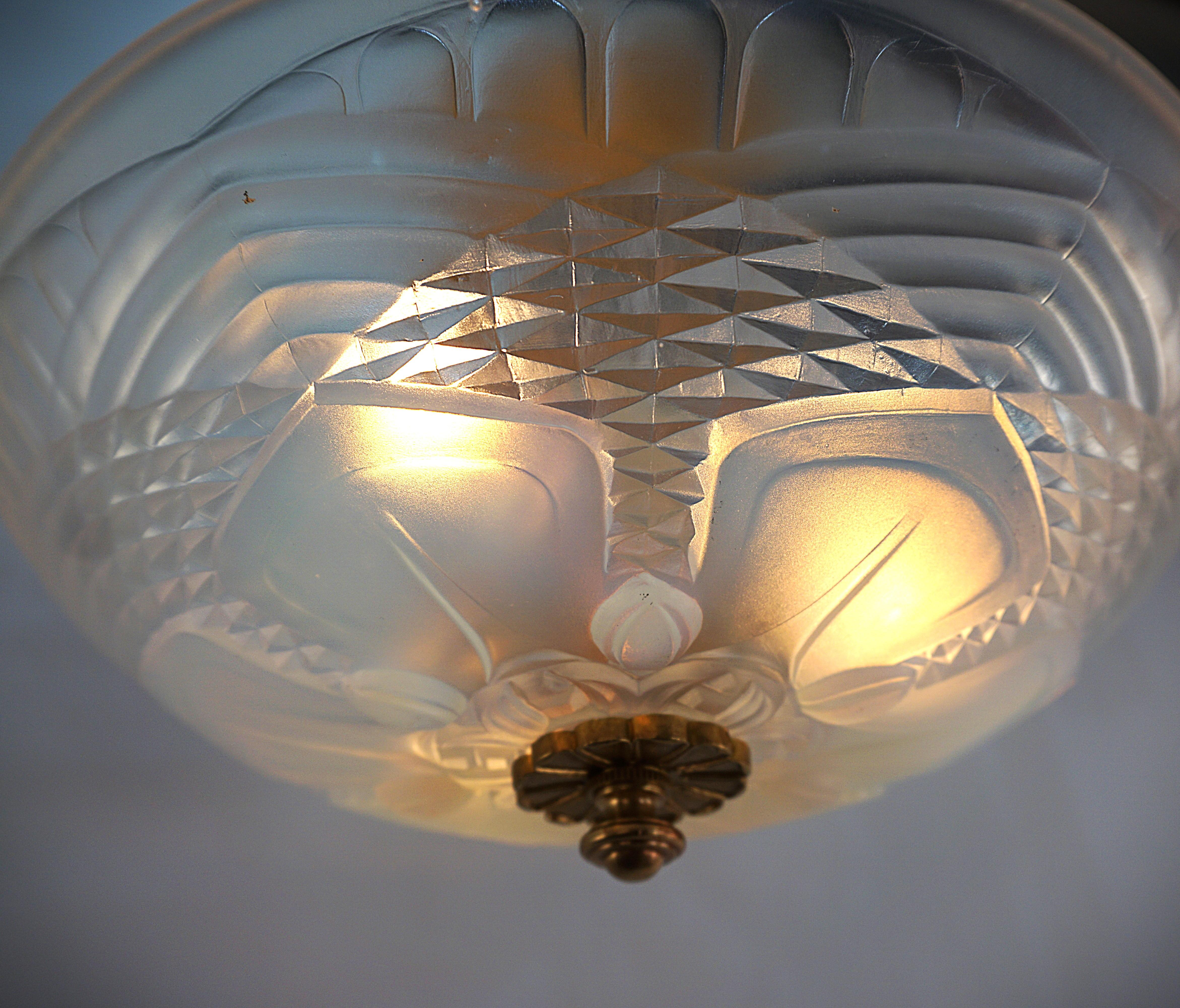 Bronze French 1920's Opalescent Glass Semi Flush Mount Chandelier