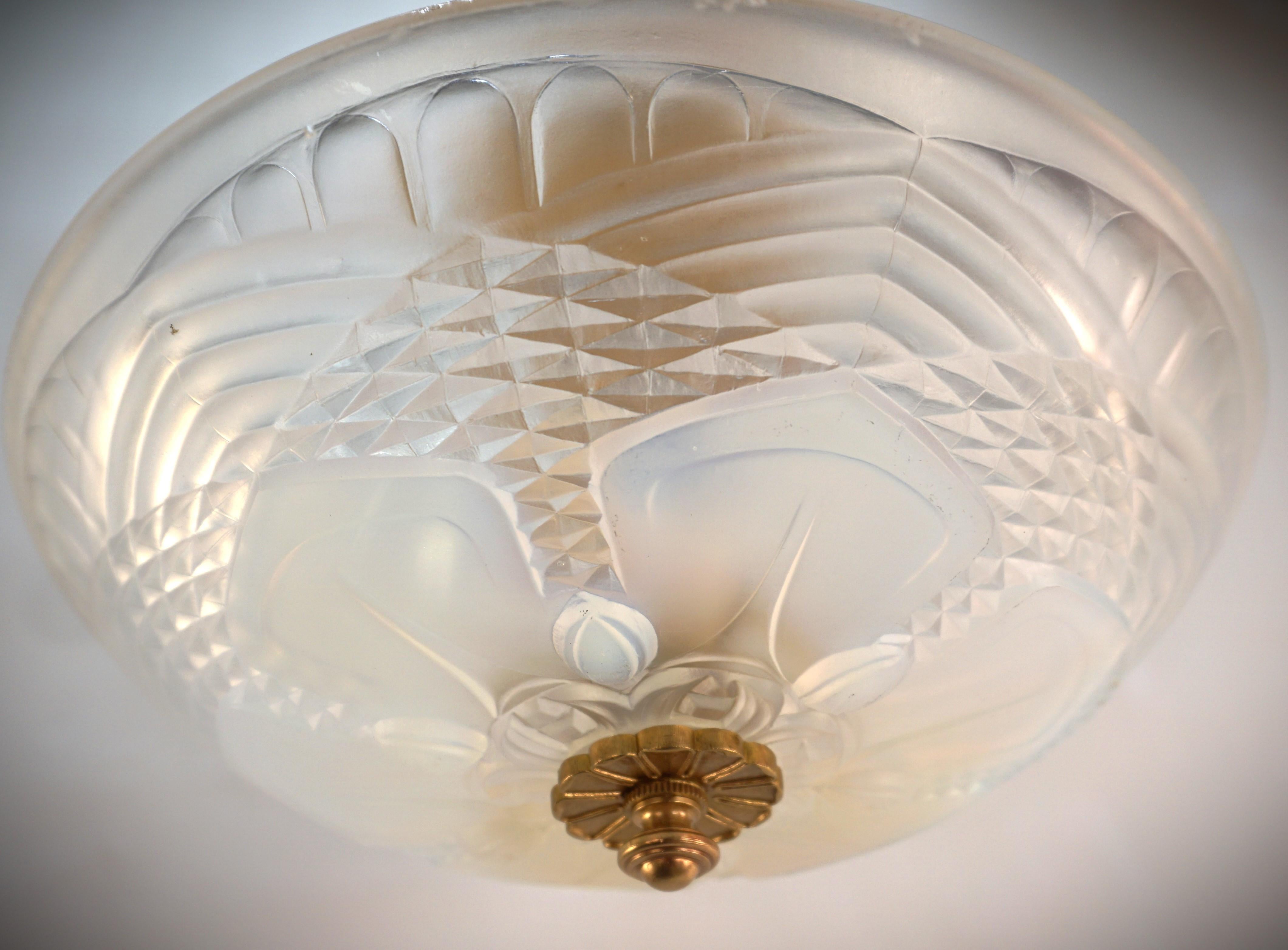 French 1920's Opalescent Glass Semi Flush Mount Chandelier 3