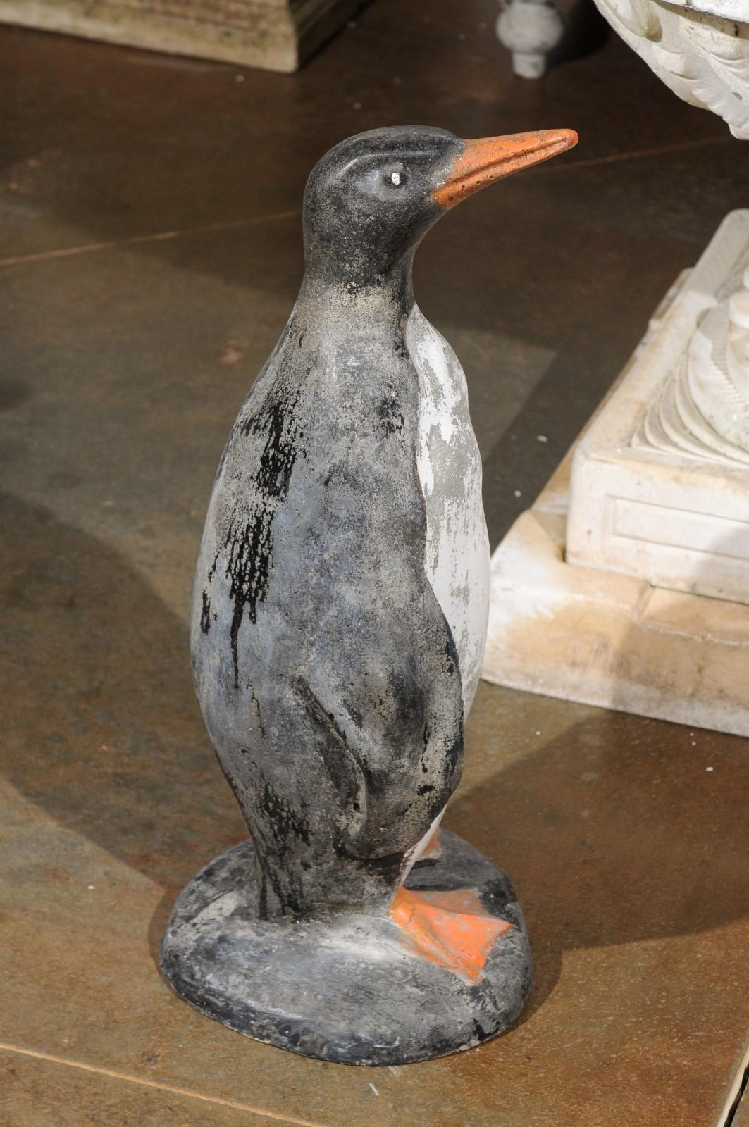 20th Century French 1920s Painted Concrete Garden Sculpture of a Life-Size Penguin
