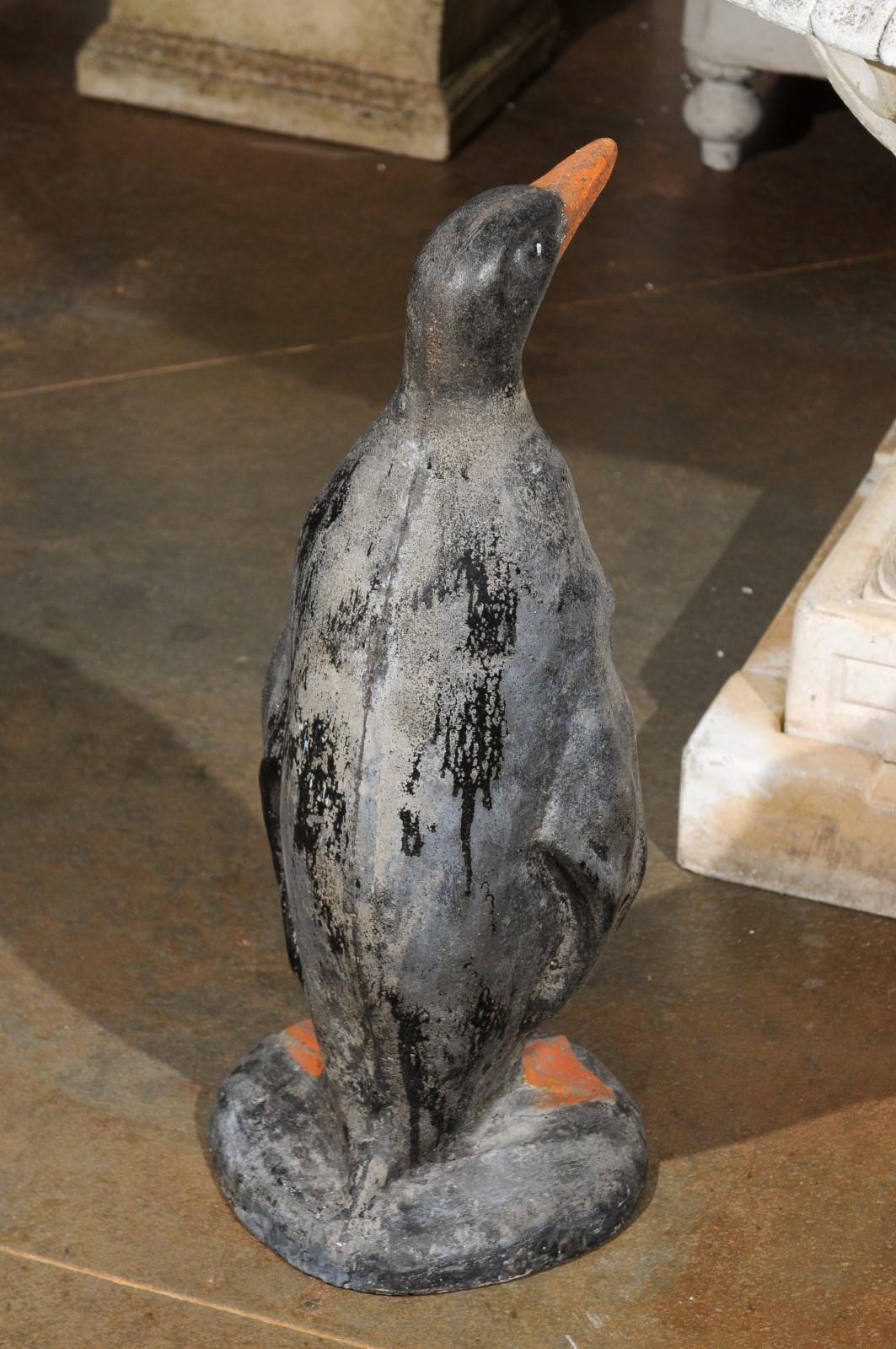 French 1920s Painted Concrete Garden Sculpture of a Life-Size Penguin 1