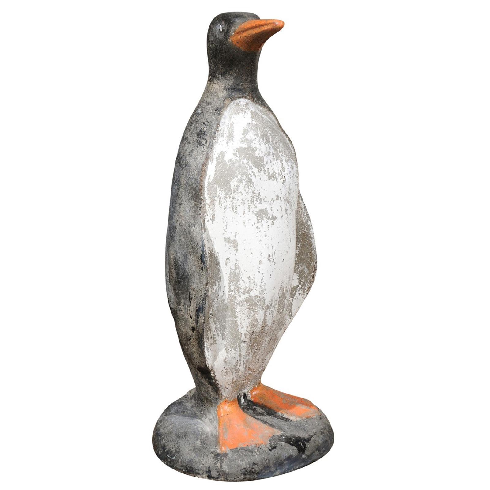 French 1920s Painted Concrete Garden Sculpture of a Life-Size Penguin