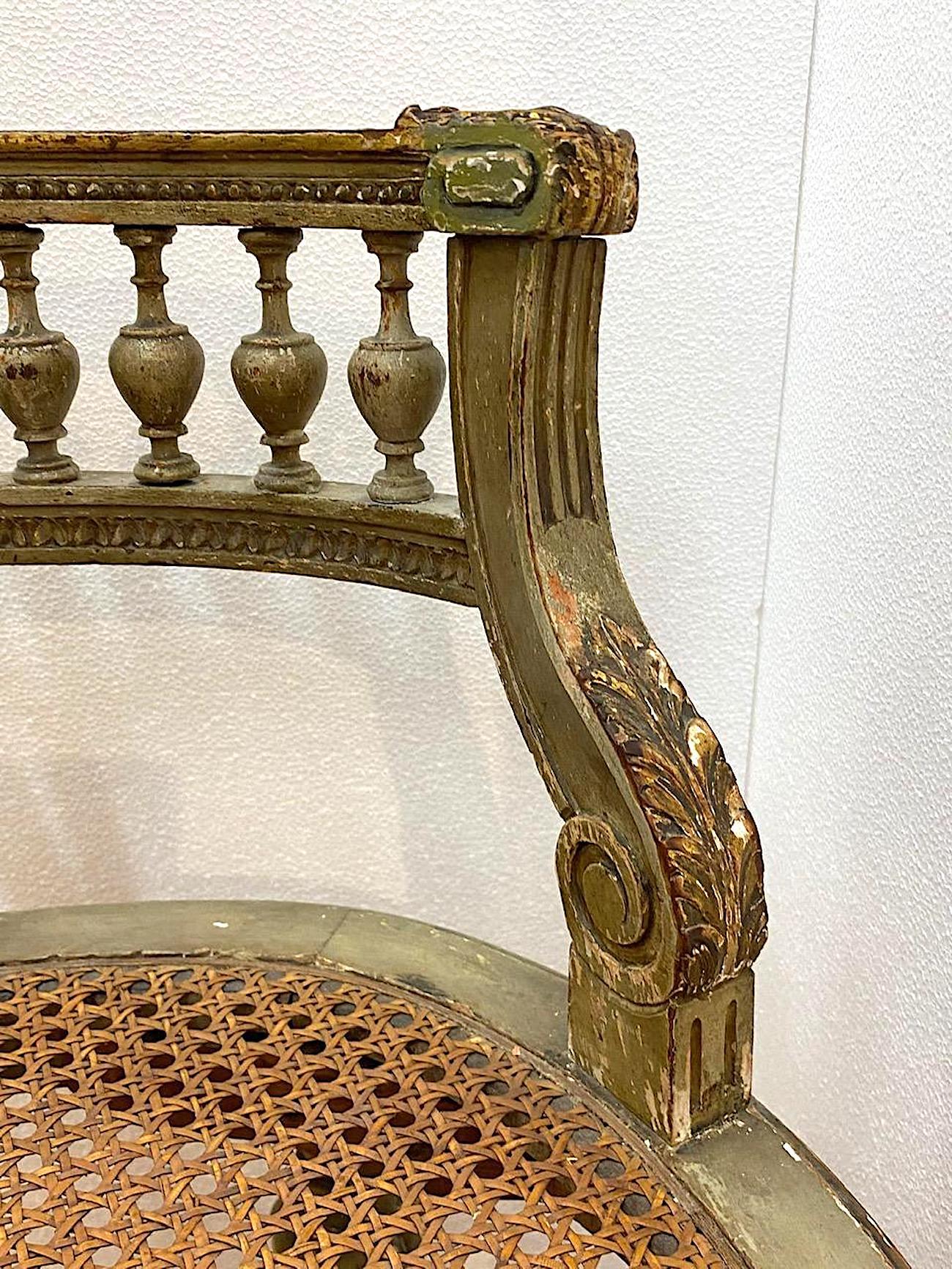 French 1920s Painted & Parcel Gilt Distressed Louis XVI Vanity Chair 4