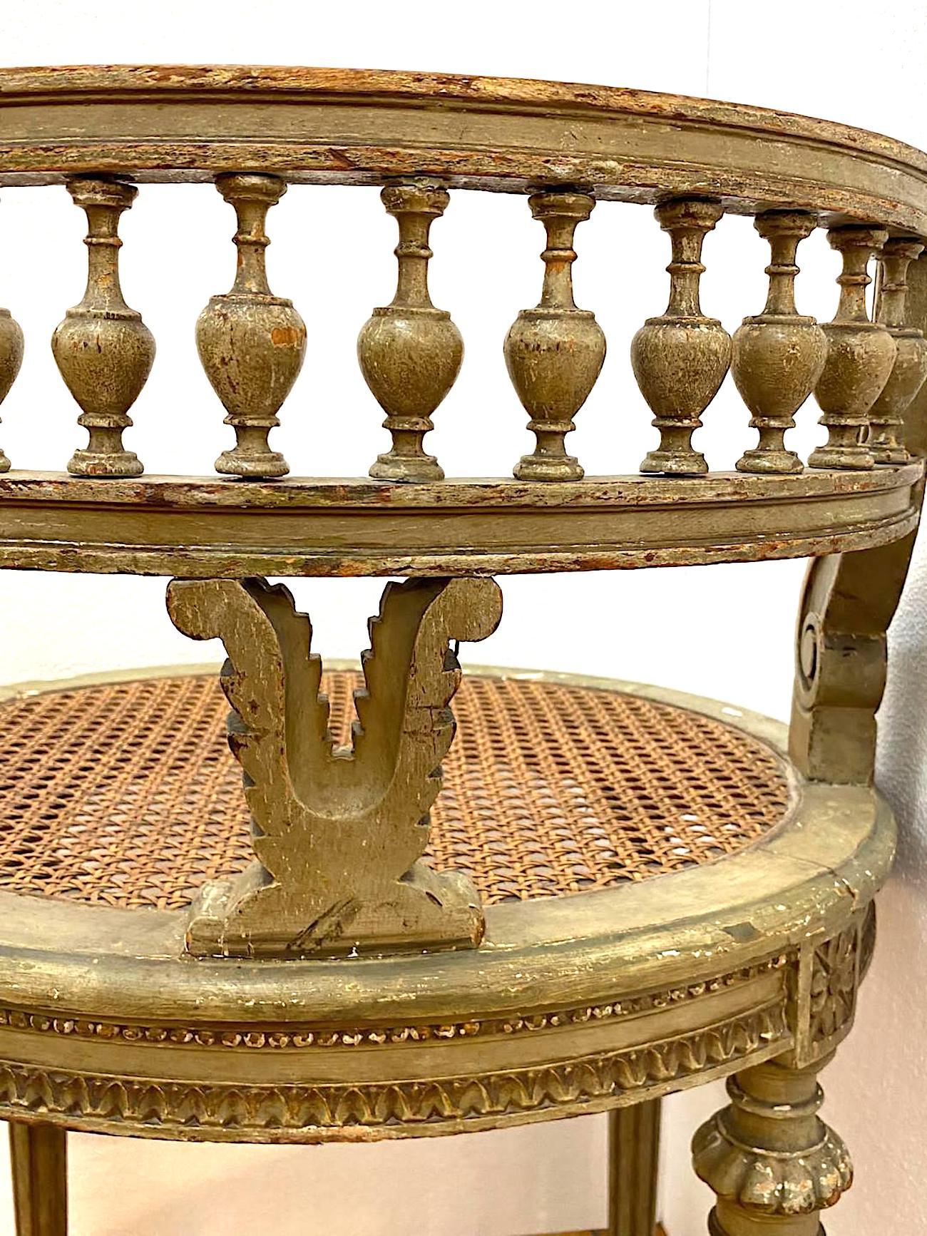 French 1920s Painted & Parcel Gilt Distressed Louis XVI Vanity Chair 9