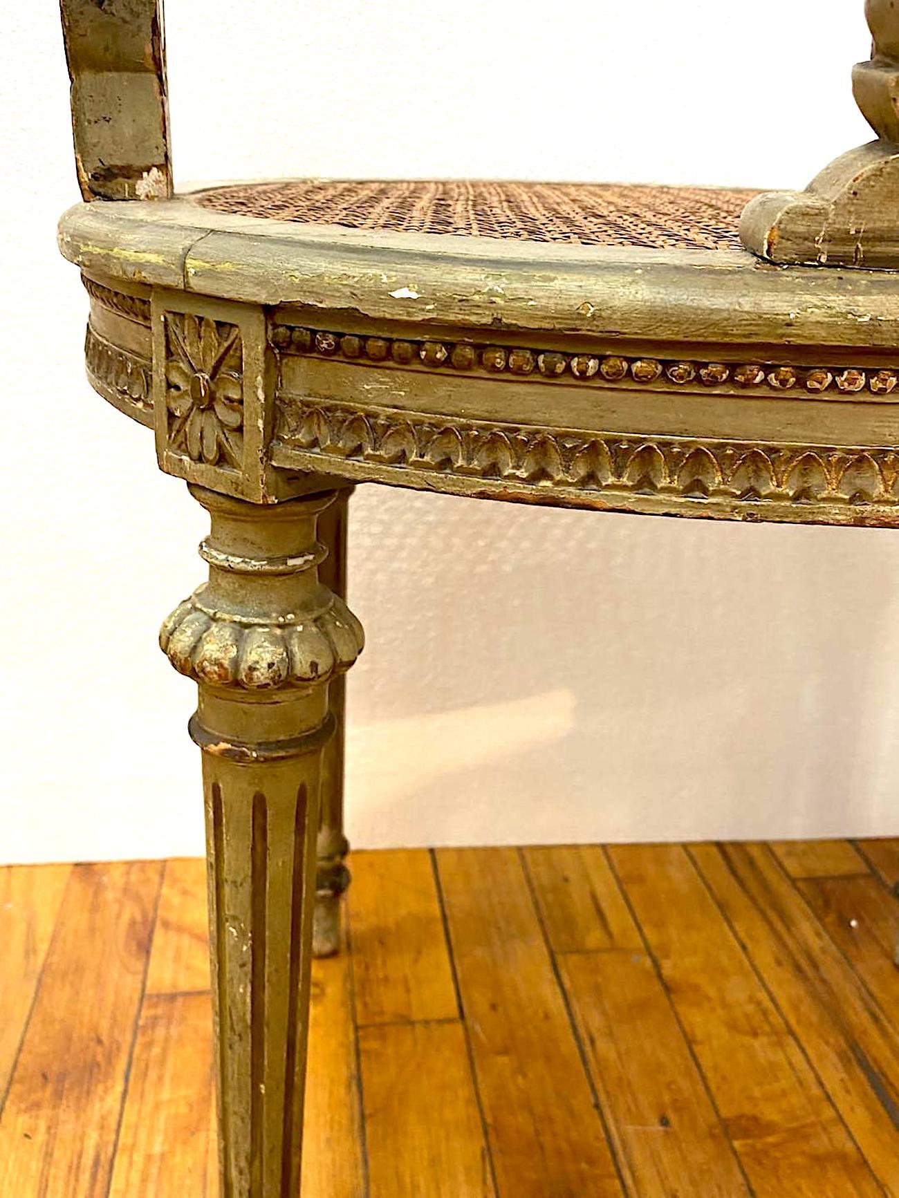 French 1920s Painted & Parcel Gilt Distressed Louis XVI Vanity Chair 10