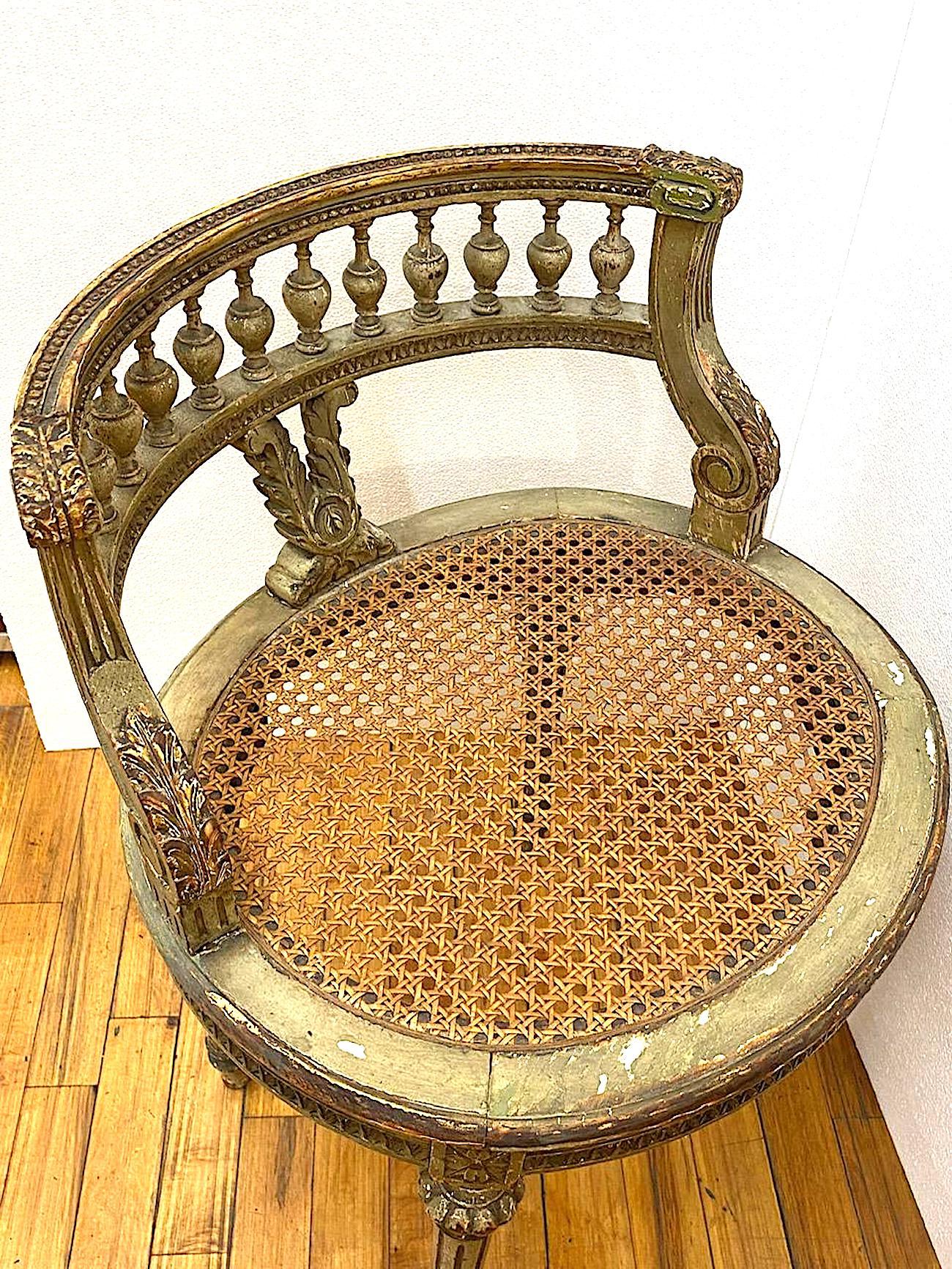 French 1920s Painted & Parcel Gilt Distressed Louis XVI Vanity Chair In Good Condition In Montclair, NY