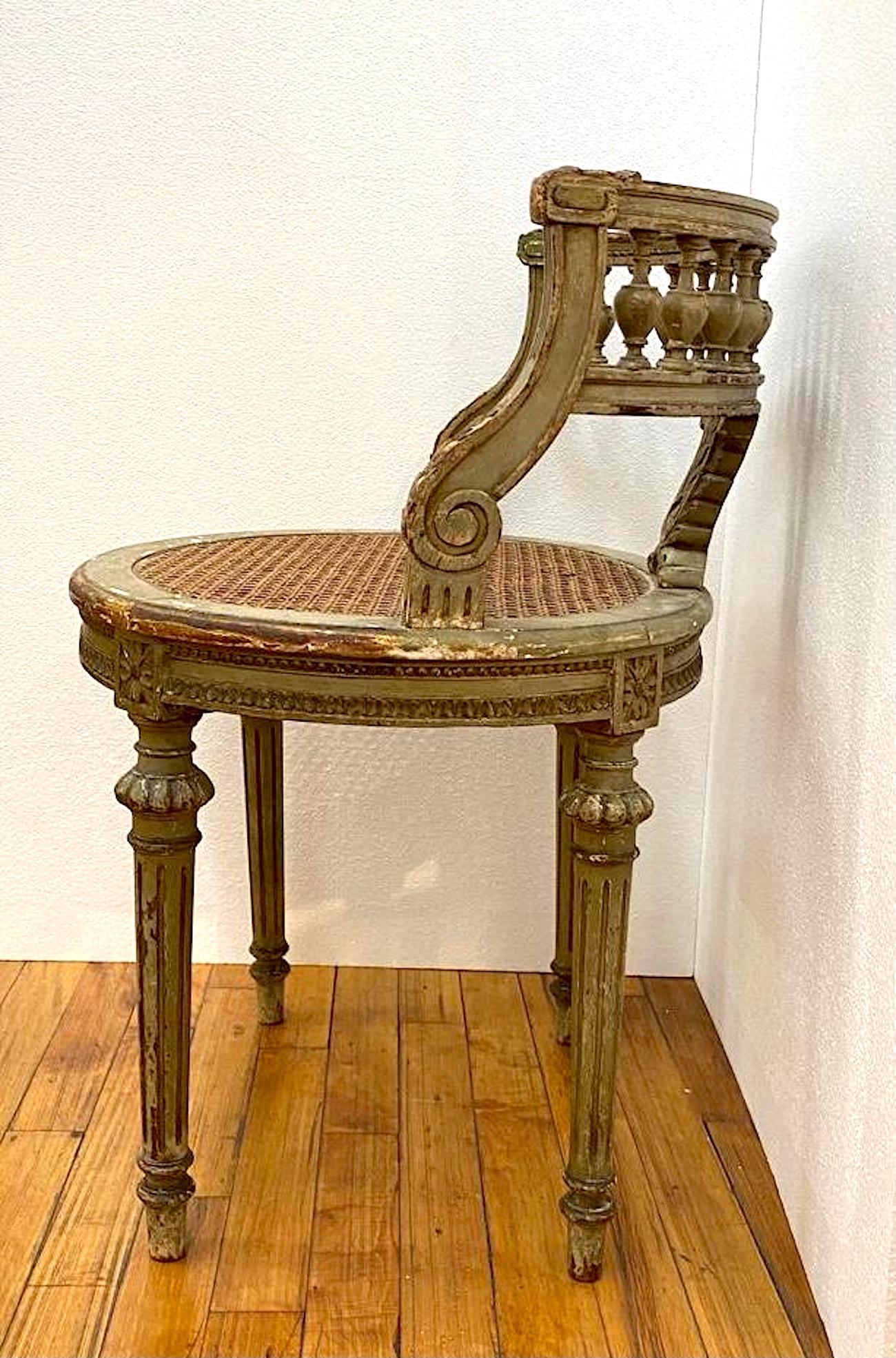 Wood French 1920s Painted & Parcel Gilt Distressed Louis XVI Vanity Chair