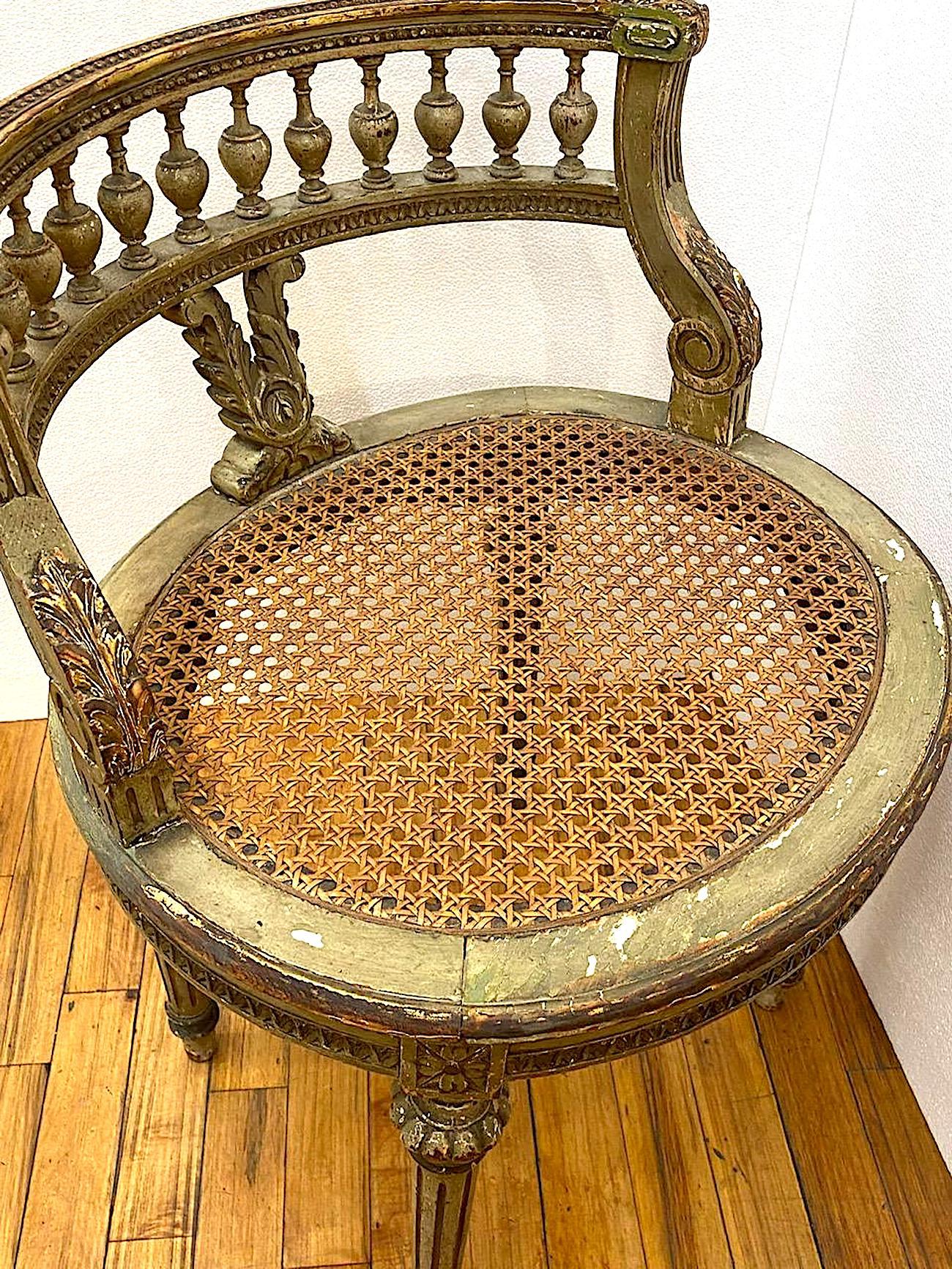French 1920s Painted & Parcel Gilt Distressed Louis XVI Vanity Chair 1