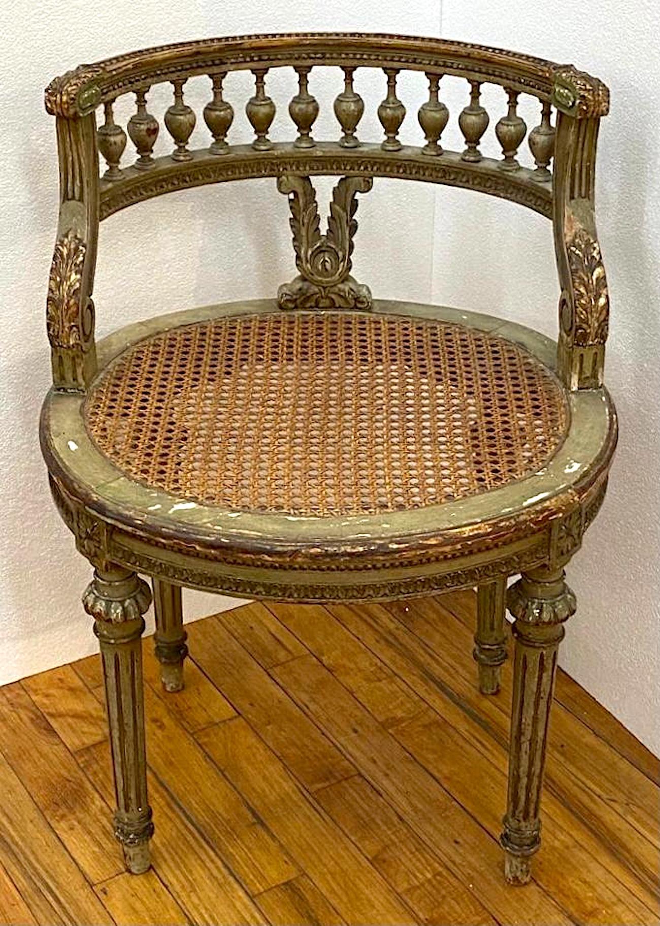 French 1920s Painted & Parcel Gilt Distressed Louis XVI Vanity Chair 2