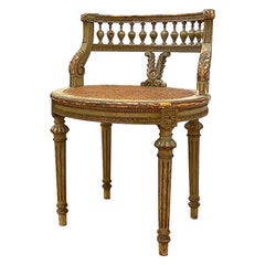 Antique French 1920s Painted & Parcel Gilt Distressed Louis XVI Vanity Chair