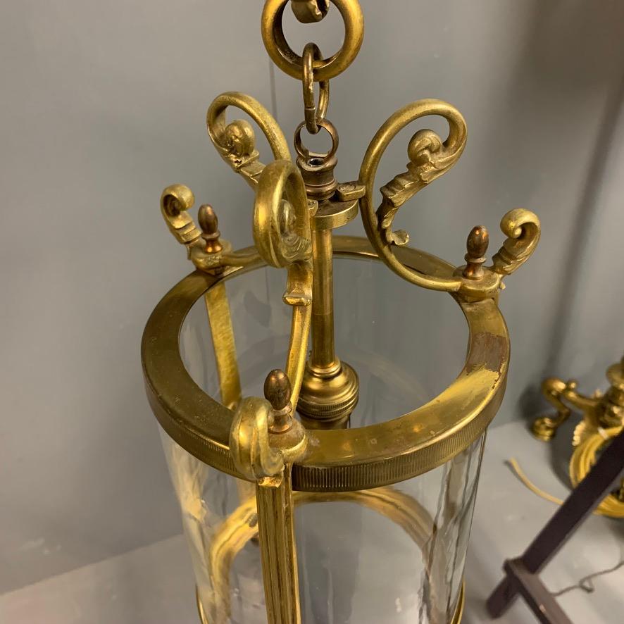 Neoclassical Revival French 1920s Pair of Brass Cylinder Lanterns with Original Glass and Re Wired