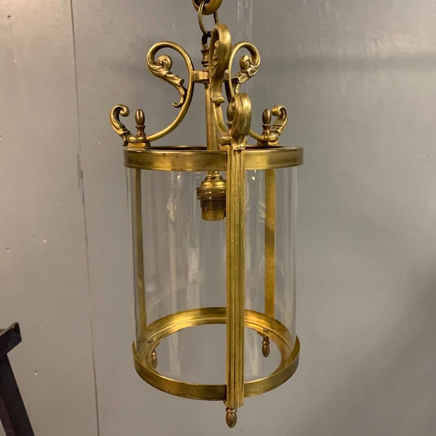 French 1920s Pair of Brass Cylinder Lanterns with Original Glass and Re Wired In Good Condition In Uppingham, Rutland