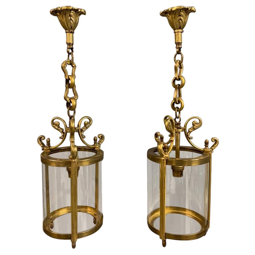 French 1920s Pair of Brass Cylinder Lanterns with Original Glass and Re Wired