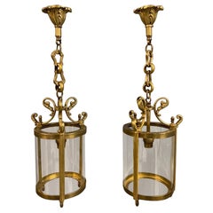 Antique French 1920s Pair of Brass Cylinder Lanterns with Original Glass and Re Wired