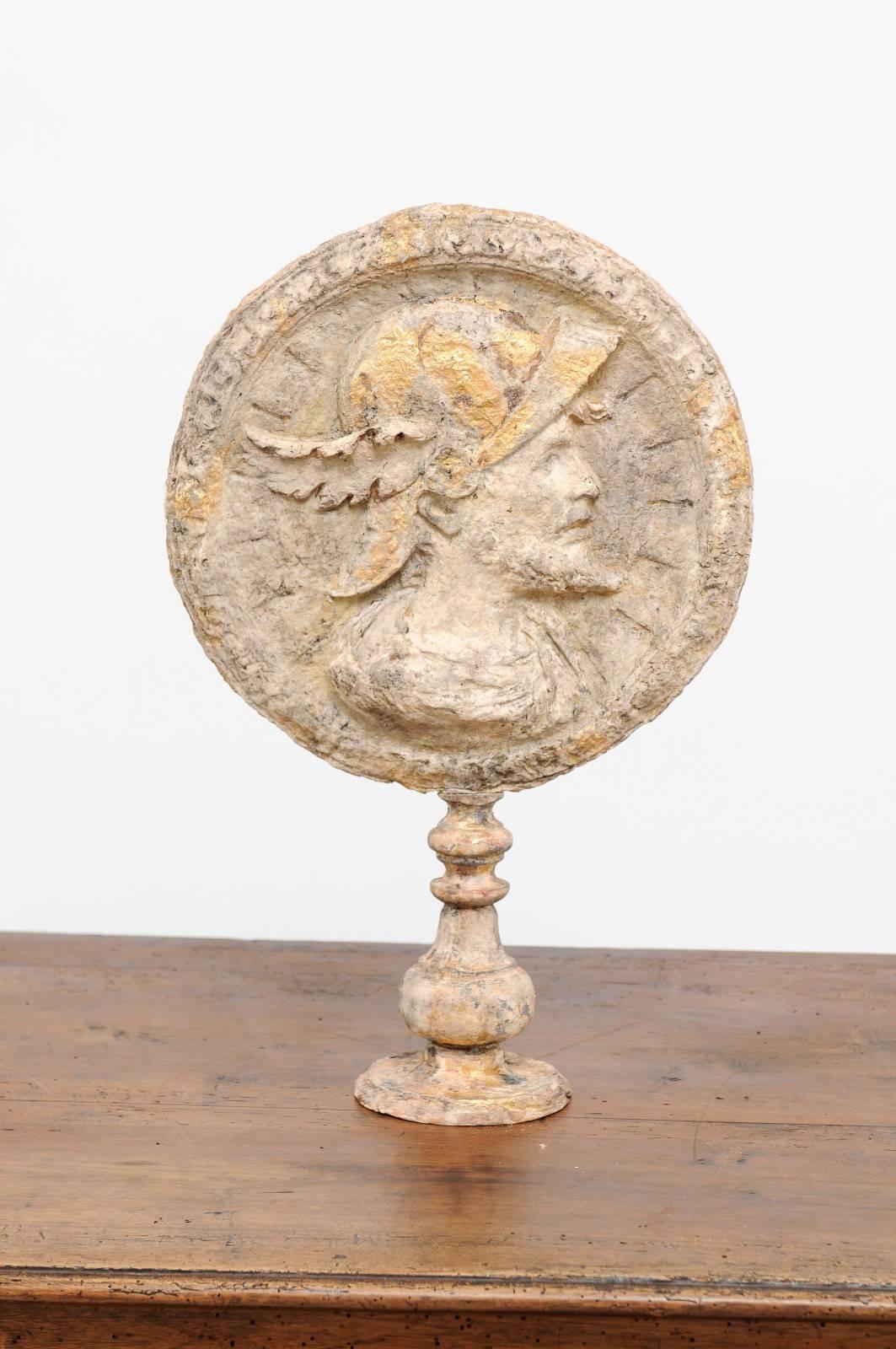 French 1920s Papier Mâché Mounted Medallion with Profiled Bust Depiction 3
