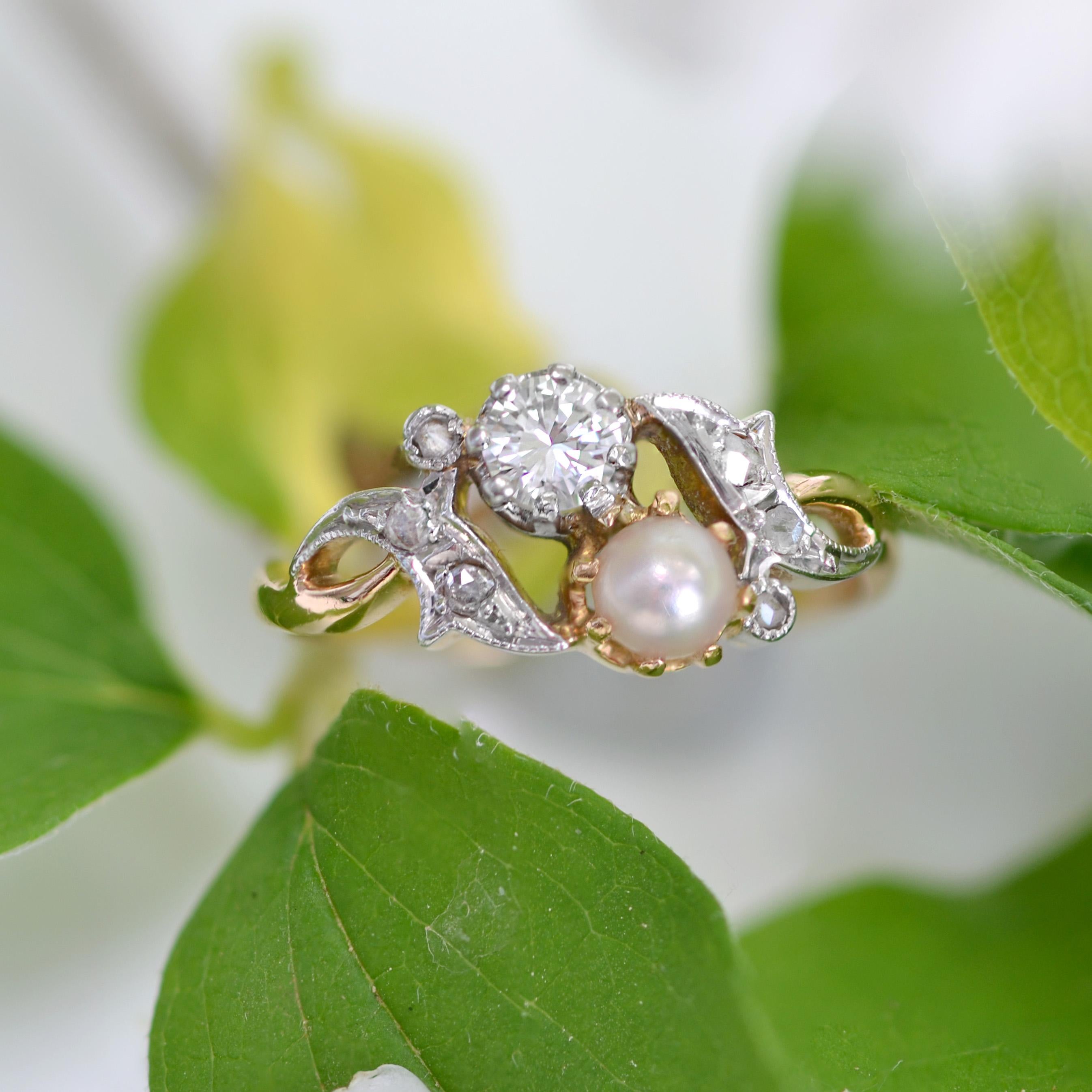 French 1920s Pearl Diamond 18 Karat Yellow Gold You and Me Ring 7