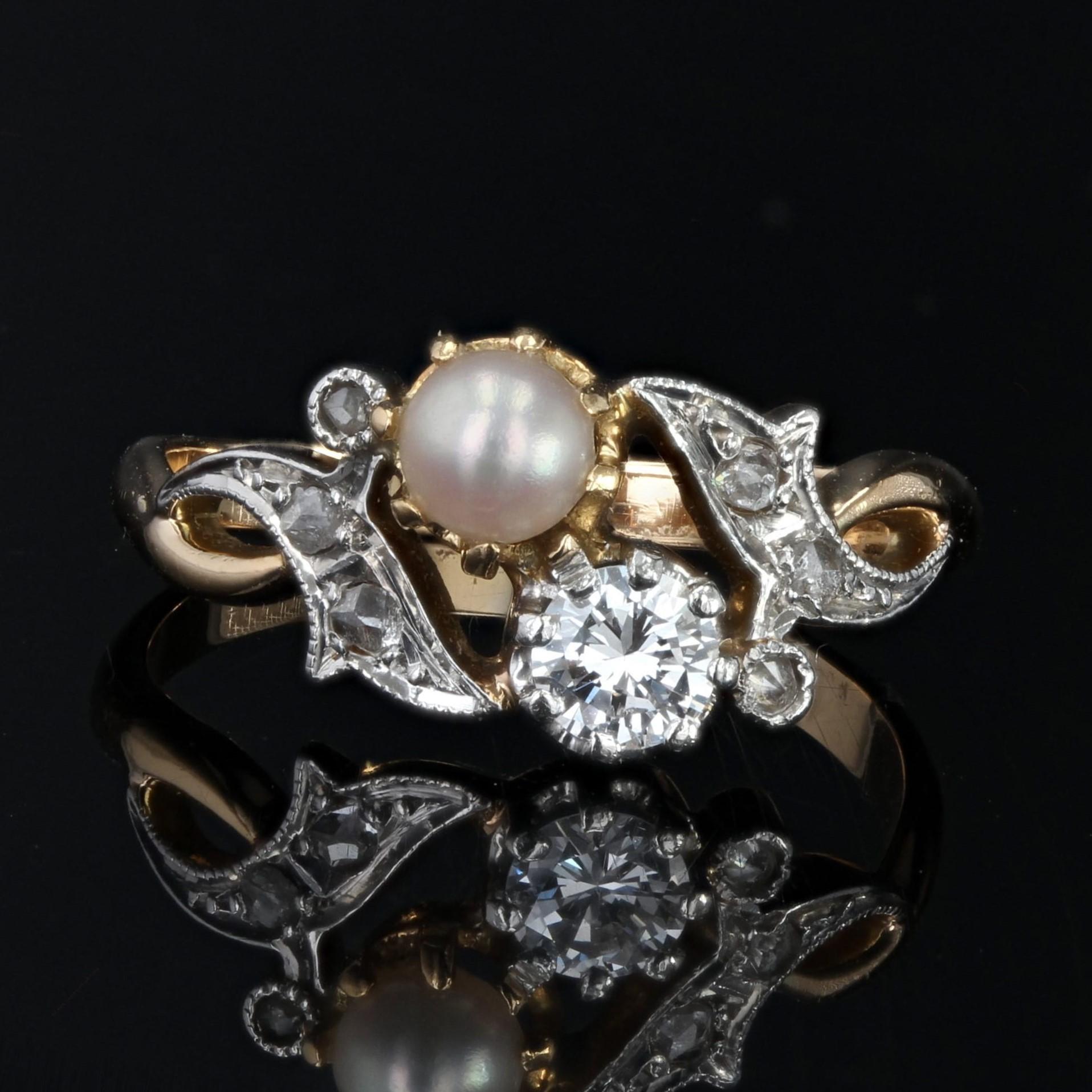 Belle Époque French 1920s Pearl Diamond 18 Karat Yellow Gold You and Me Ring