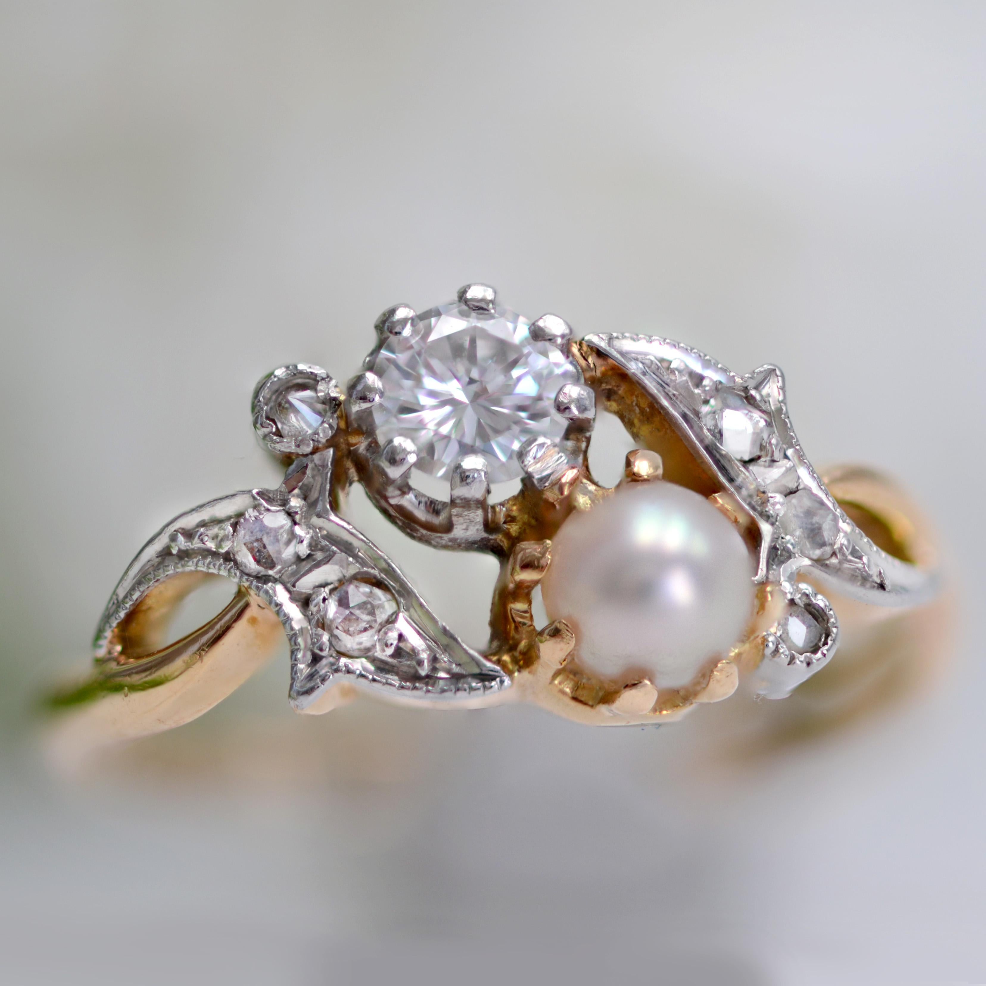 Brilliant Cut French 1920s Pearl Diamond 18 Karat Yellow Gold You and Me Ring