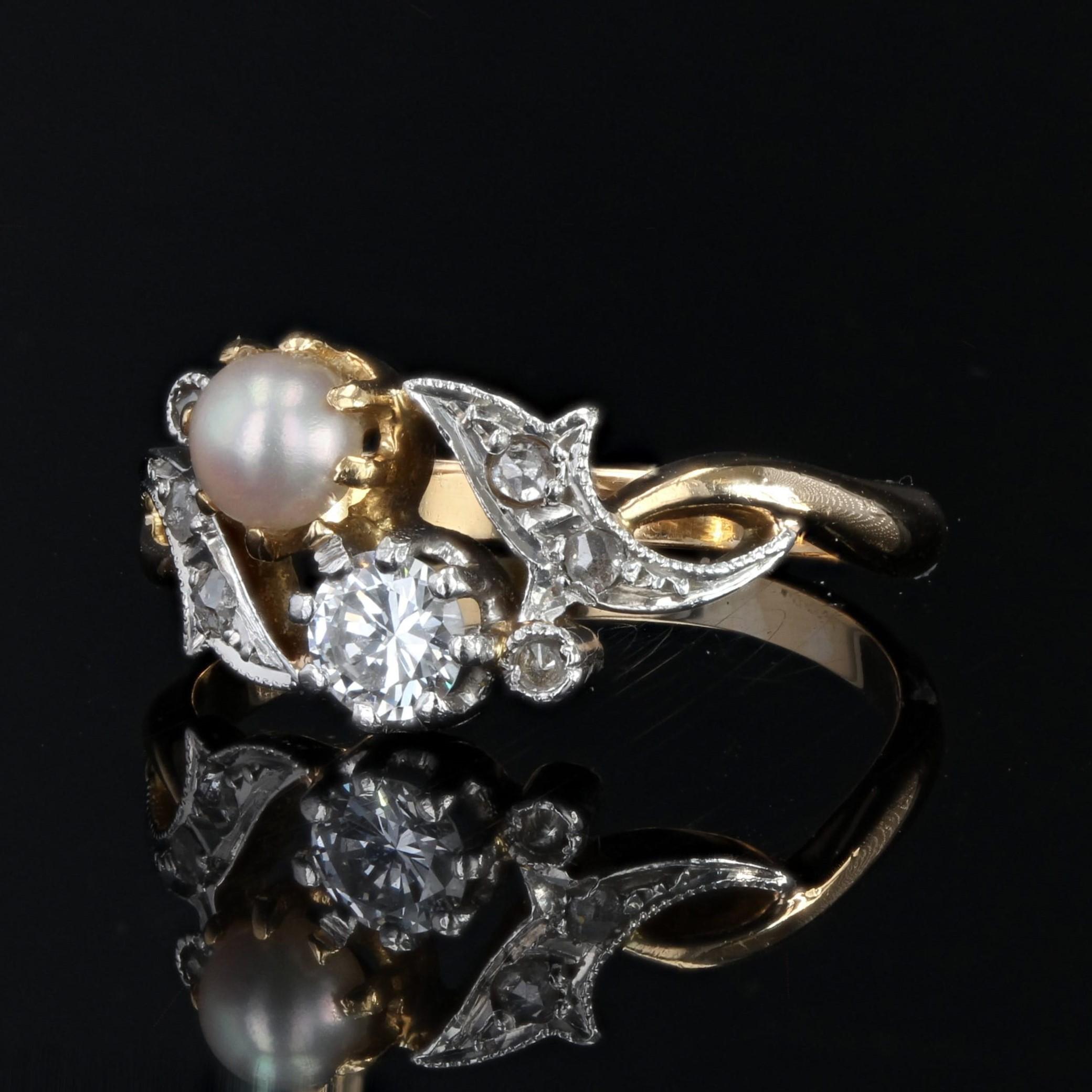Belle Époque French 1920s Pearl Diamond 18 Karat Yellow Gold You and Me Ring For Sale