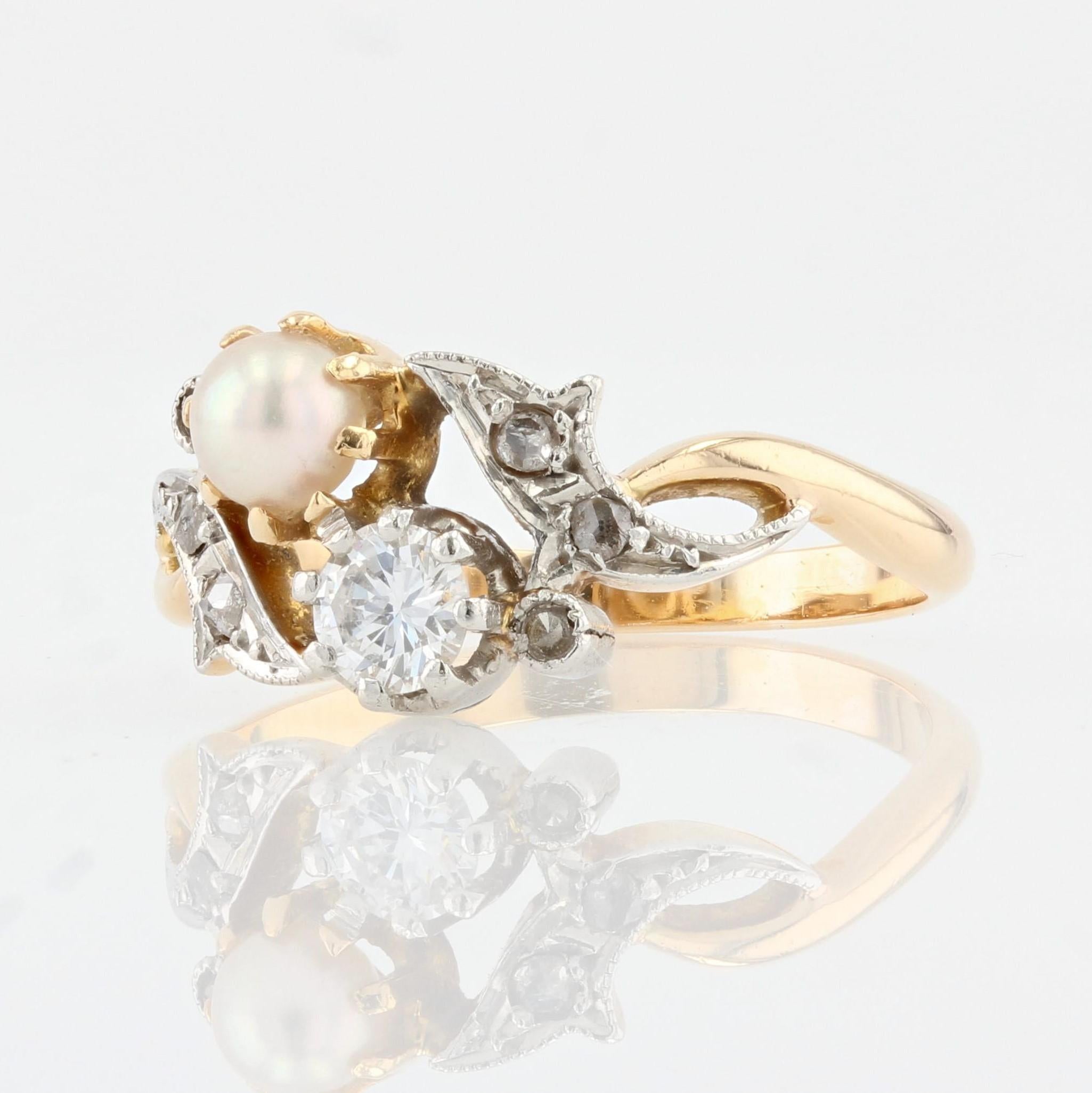 French 1920s Pearl Diamond 18 Karat Yellow Gold You and Me Ring 1