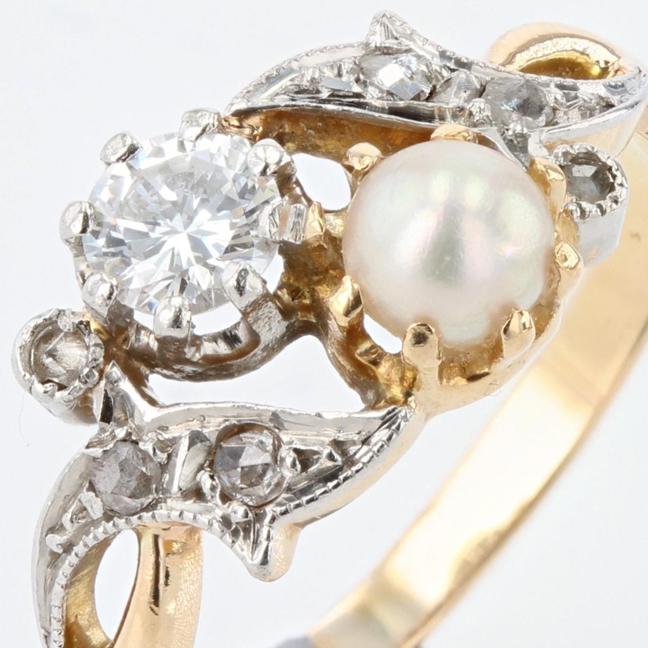 Women's French 1920s Pearl Diamond 18 Karat Yellow Gold You and Me Ring For Sale
