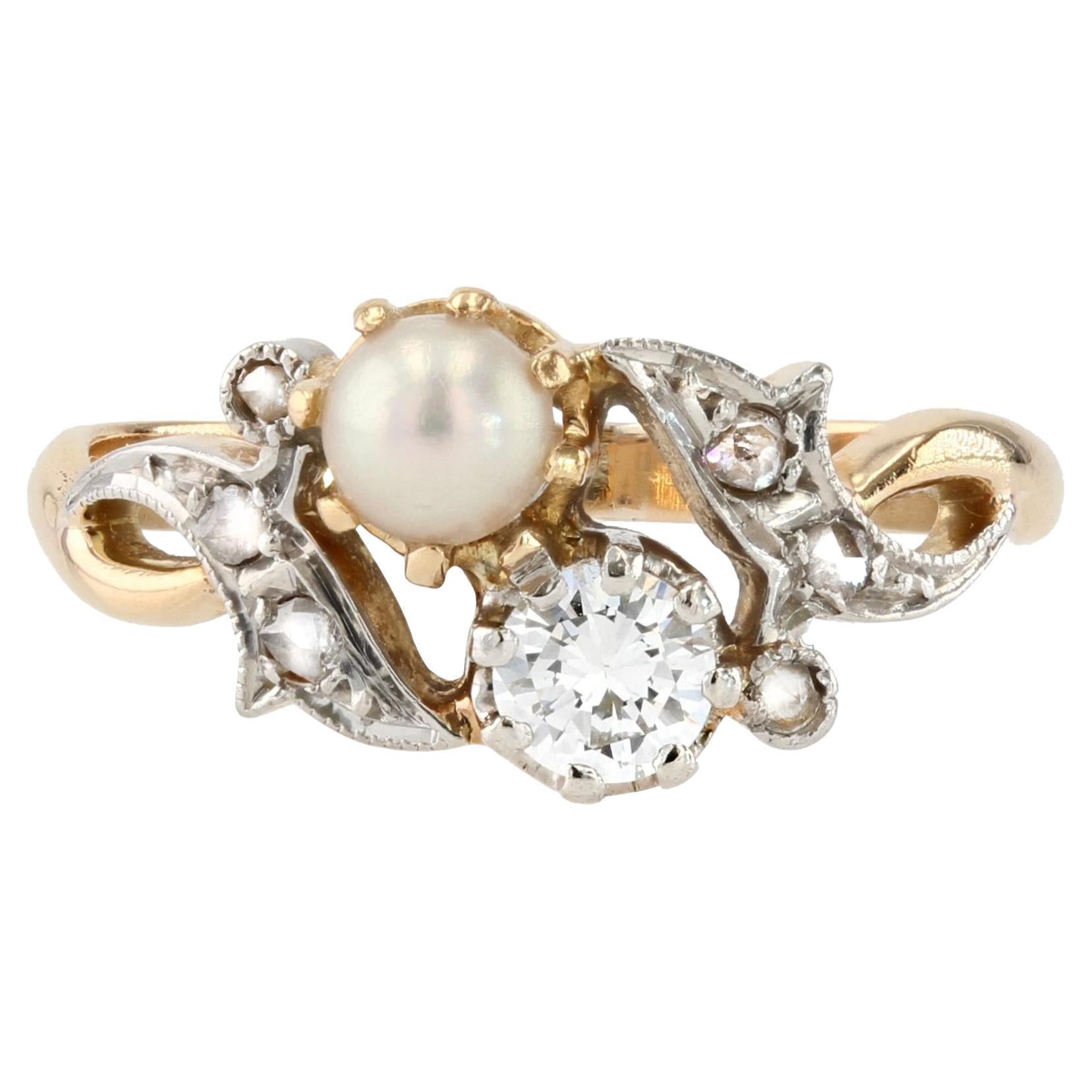 French 1920s Pearl Diamond 18 Karat Yellow Gold You and Me Ring For Sale