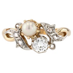 French 1920s Pearl Diamond 18 Karat Yellow Gold You and Me Ring