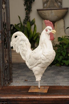 French 1920s Polychrome Papier-Mâché Rooster Sculpture Mounted on Metal Base