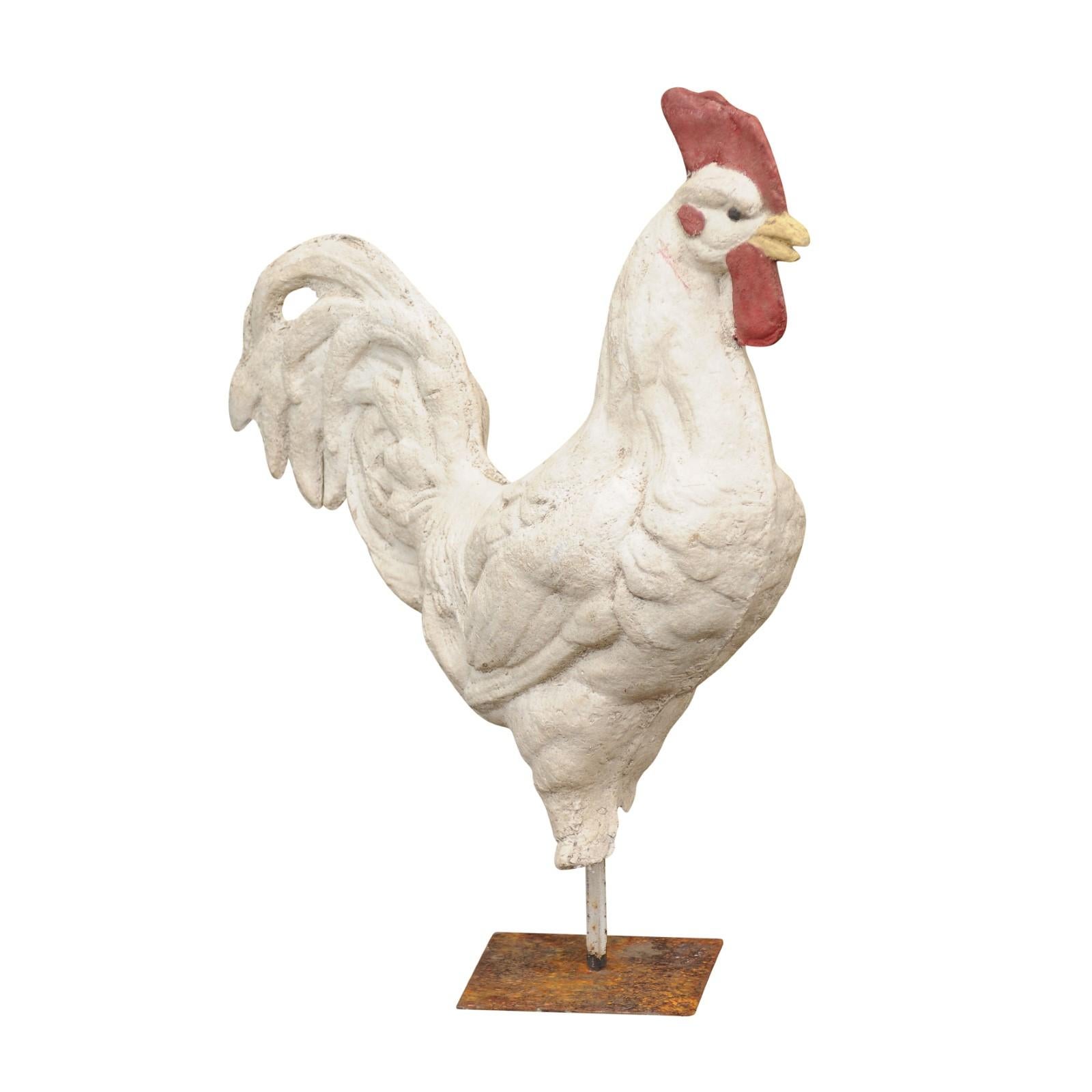 French 1920s Polychrome Papier-Mâché Rooster Sculpture Mounted on Metal Base For Sale