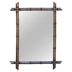 Miroir rectangulaire en faux bambou et noyer des années 1920, patine Brown