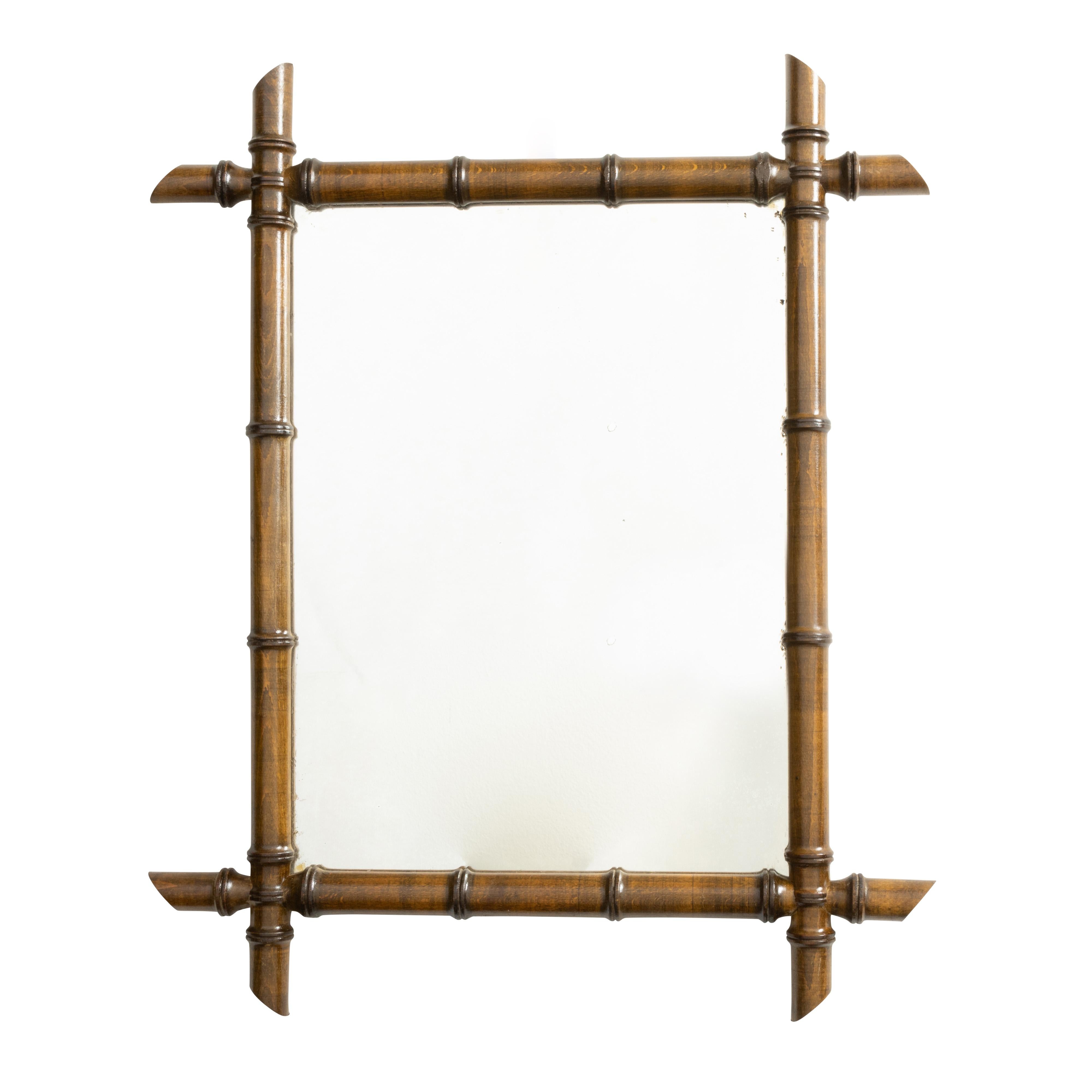 French 1920s Rectangular Faux Bamboo Walnut Mirror with Brown Patina