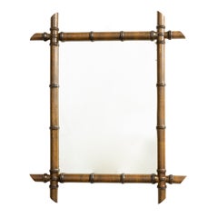 Antique French 1920s Rectangular Faux Bamboo Walnut Mirror with Brown Patina