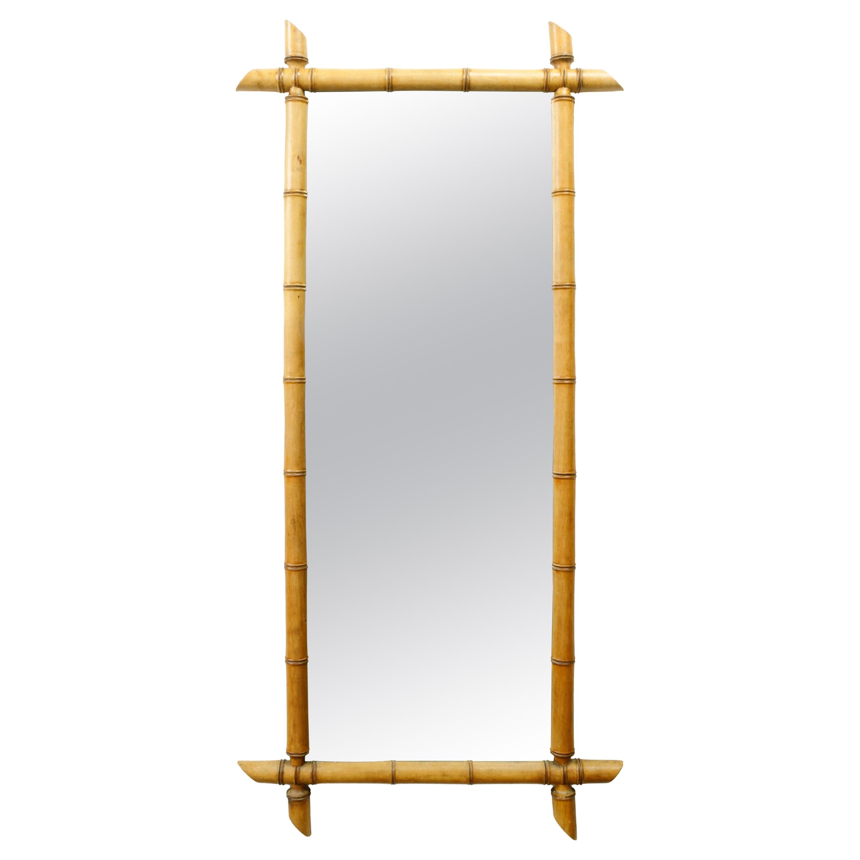 French 1920s Rectangular Faux Bamboo Walnut Mirror with Light Patina