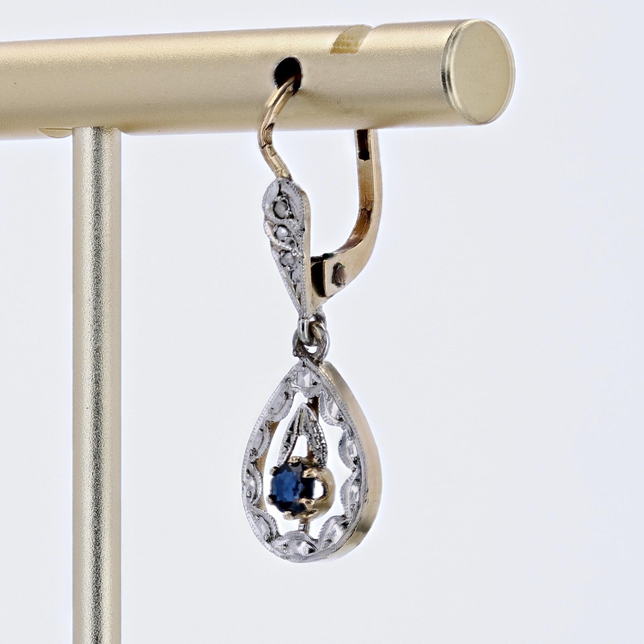 French 1920s Sapphire Diamonds 18 Karat Yellow White Gold Dangle Earrings 1