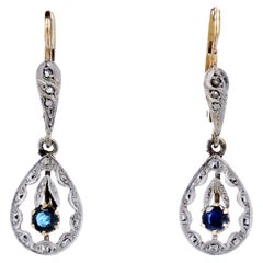 Antique French 1920s Sapphire Diamonds 18 Karat Yellow White Gold Dangle Earrings
