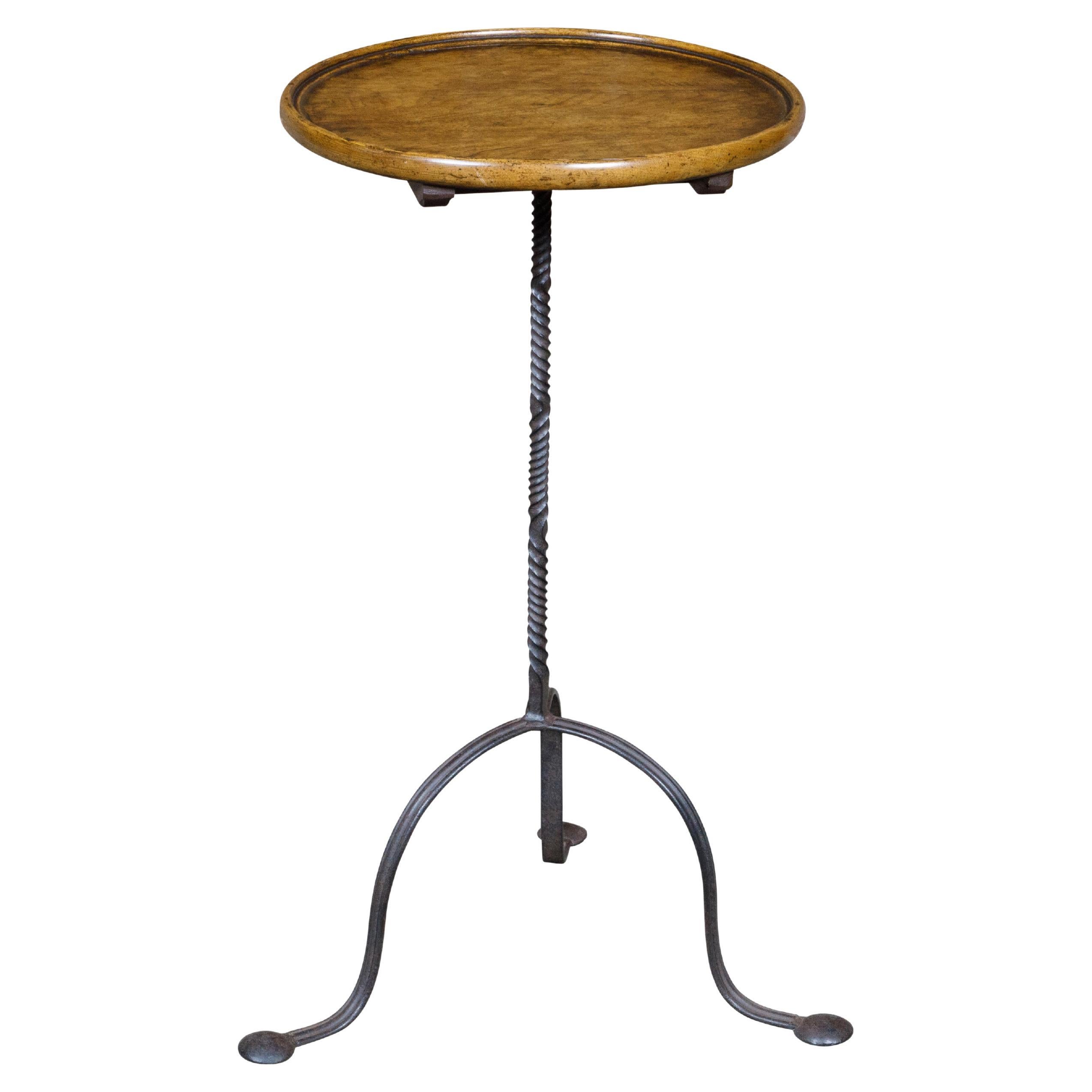 French 1920s Side Table with Round Wooden Tray Top and Iron Base For Sale